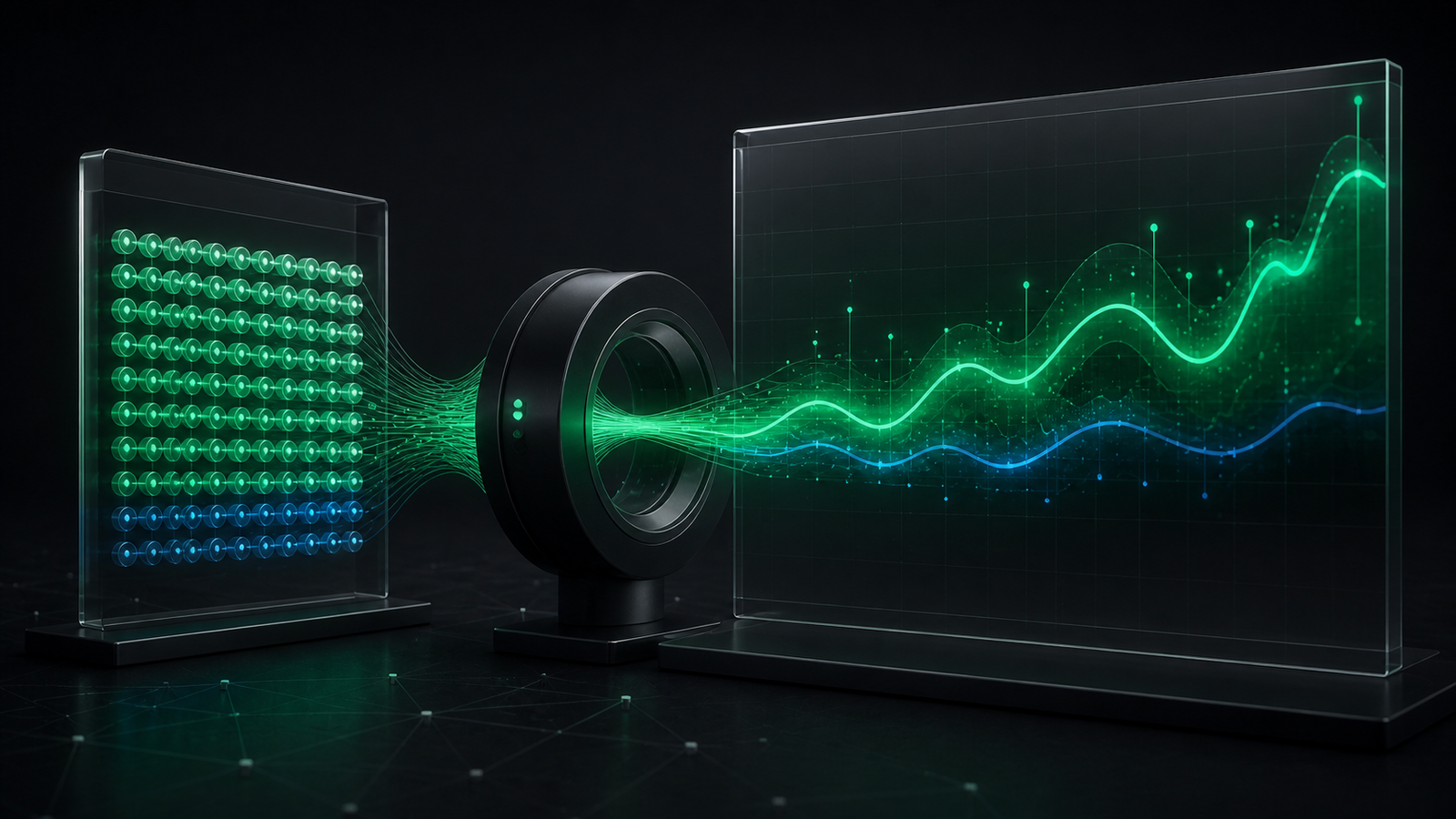 A fixed grid of opinion signals flowing through a pricing mechanism into a changing market curve