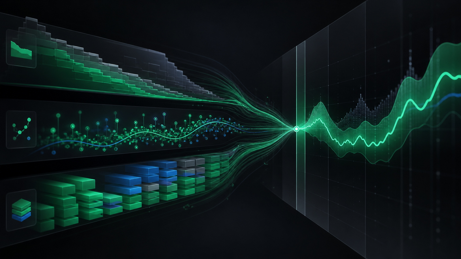 Three streams of market data converging into a probability curve