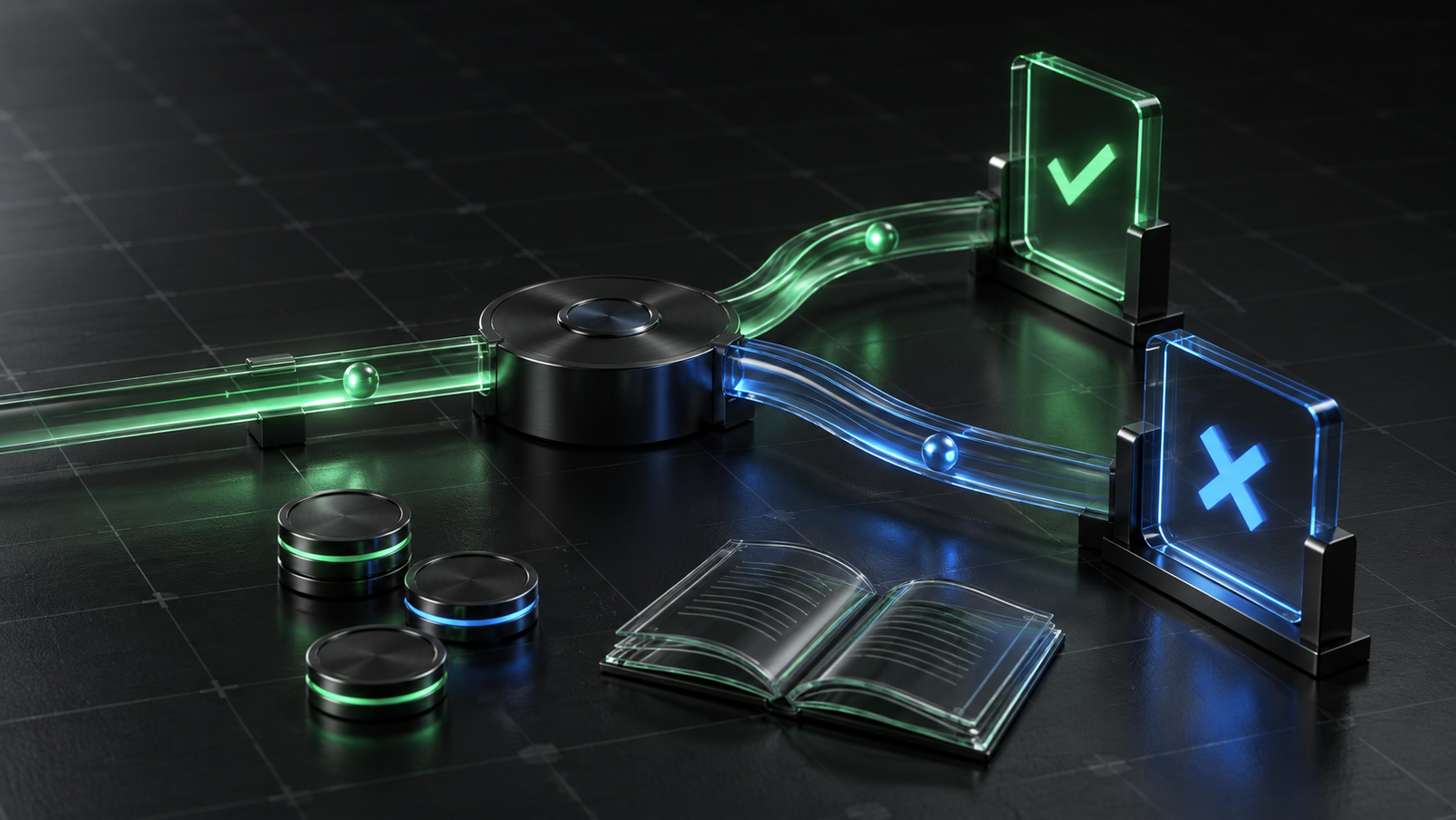 A black metal hub splits into green and blue glass paths leading to Yes and No symbols, beside contract tokens and an open glass book.