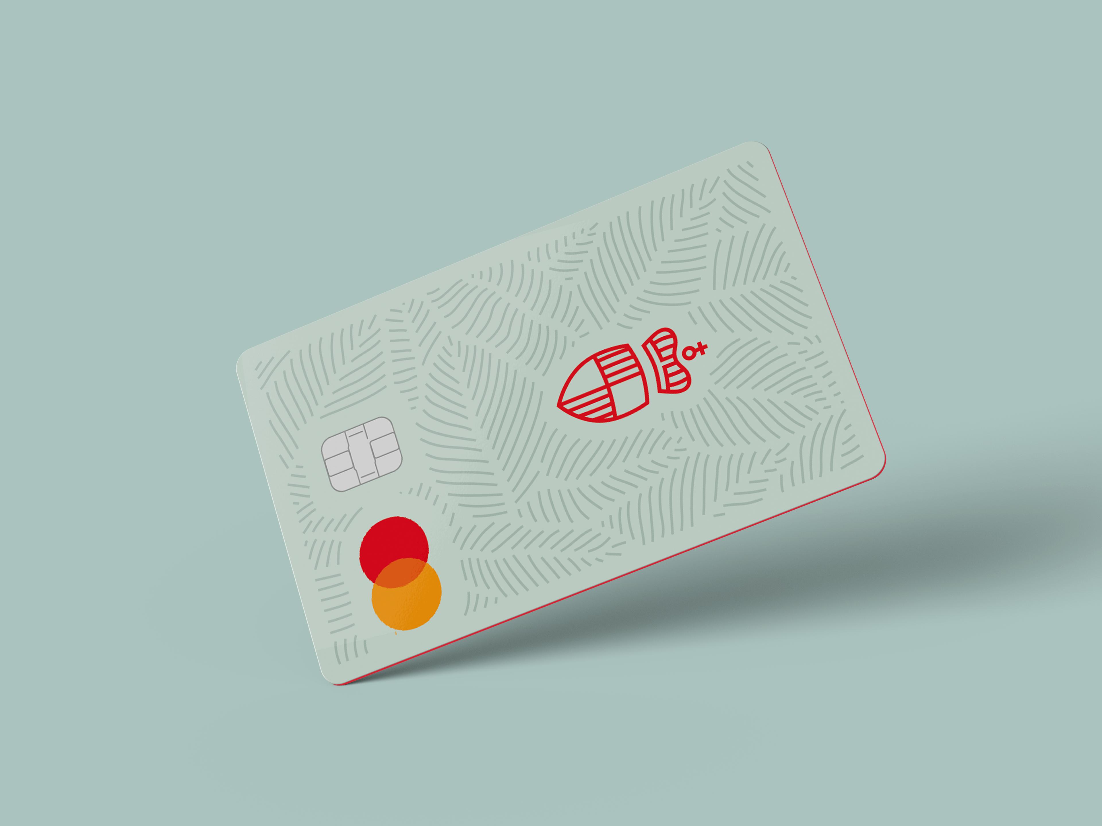Hellgrüne Girokarte mit roten und orangen Mastercard-Logo und rotem Wappen auf grünem Hintergrund