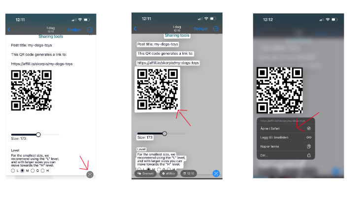 Steps showing how to scan QR codes from a screenshot on an iPhone