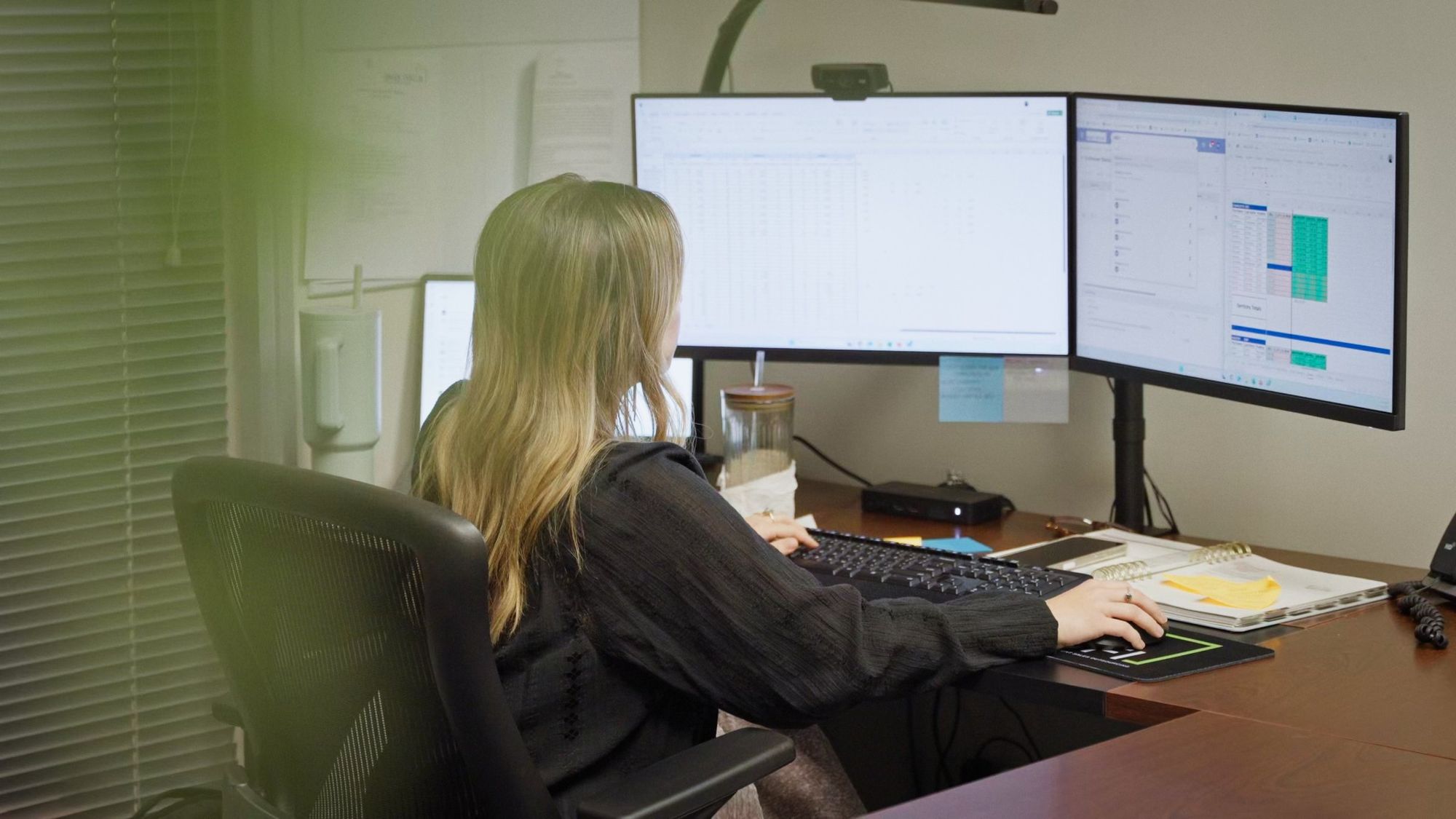 A multi-monitor editing desk during post-production