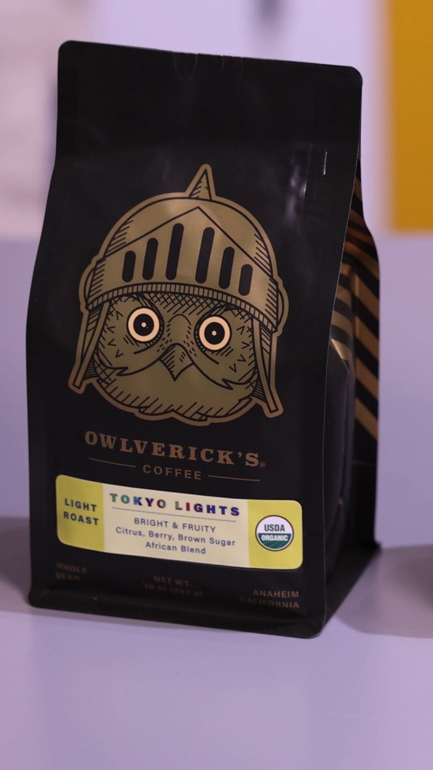 Close-up of the Owlverick's Tokyo Lights coffee bag