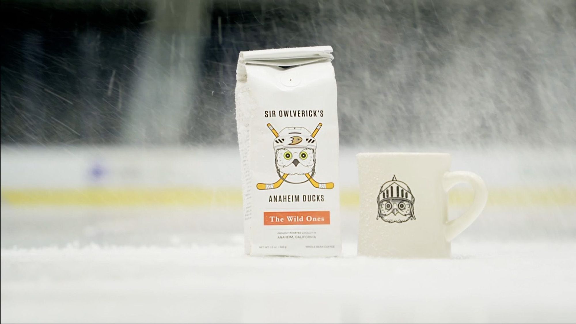 Sir Owlverick's coffee bag and mug on the ice