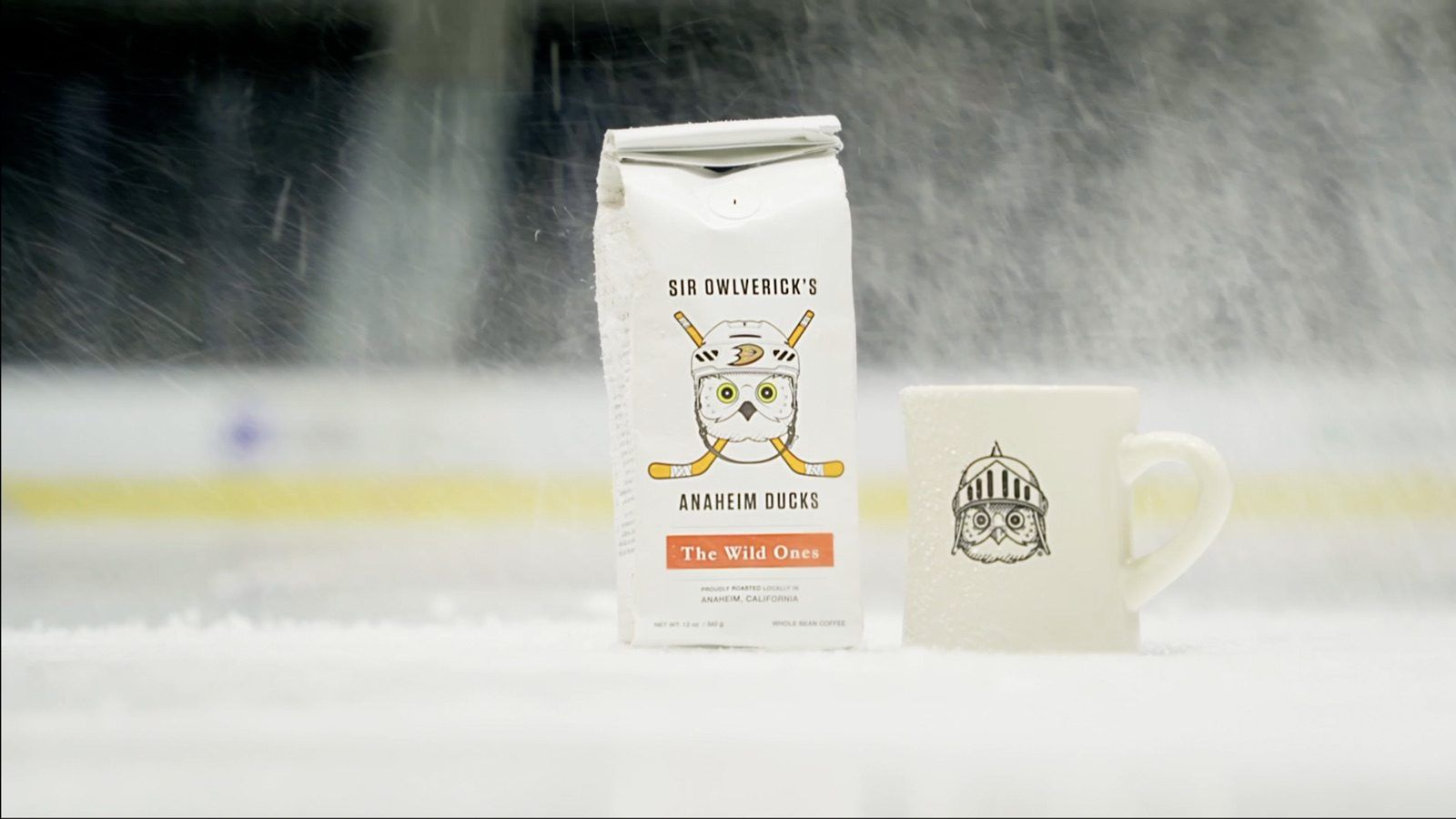 Sir Owlverick's coffee bag and mug on the ice