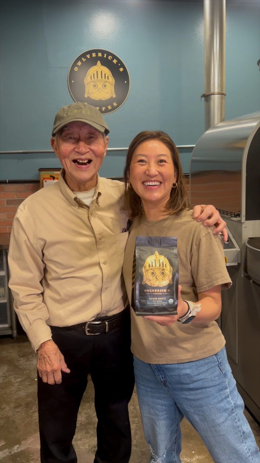 Owlverick's founders with the finished coffee bag