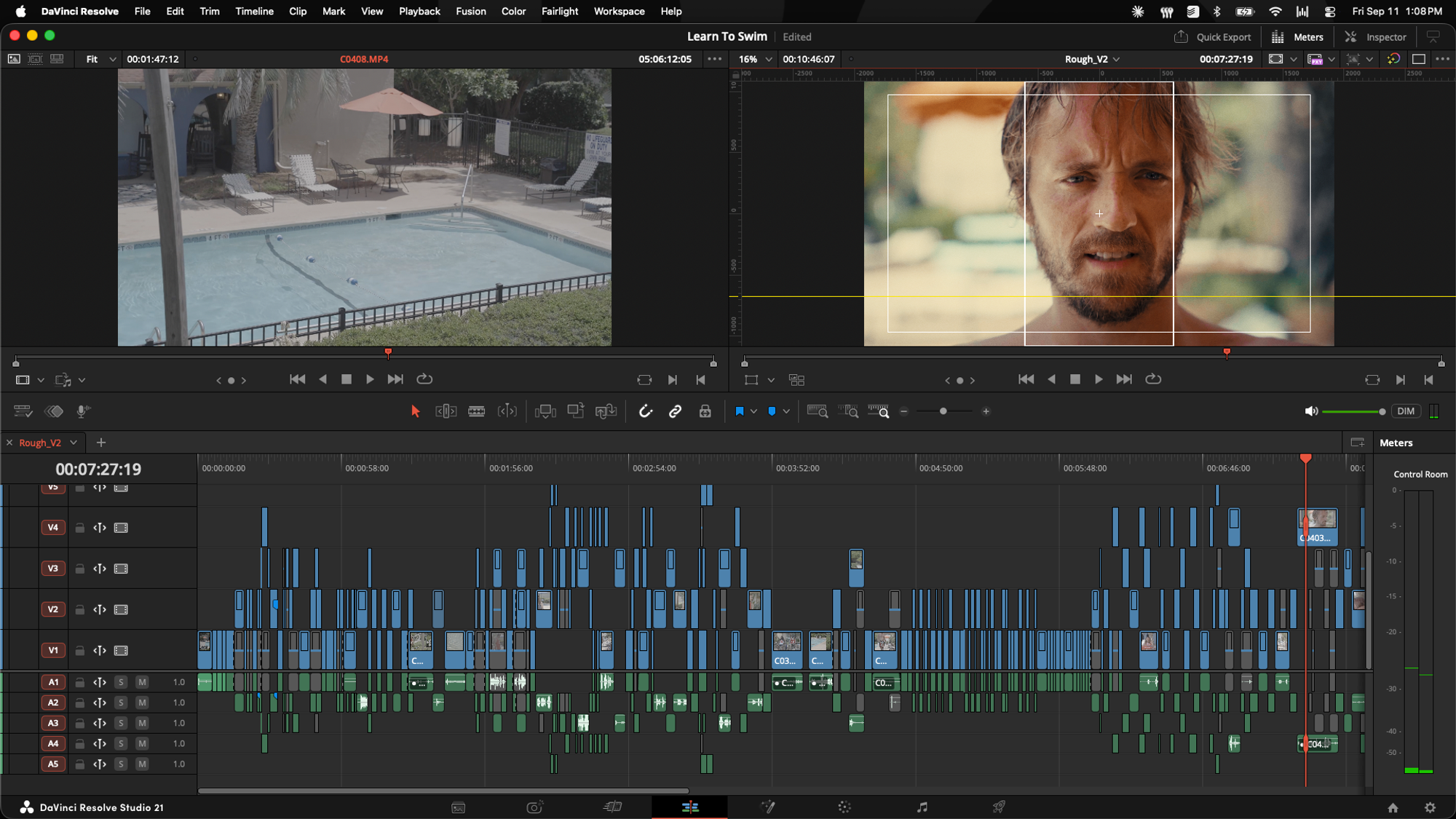 A rough cut timeline in DaVinci Resolve, mid-edit on a real Boda Studios project
