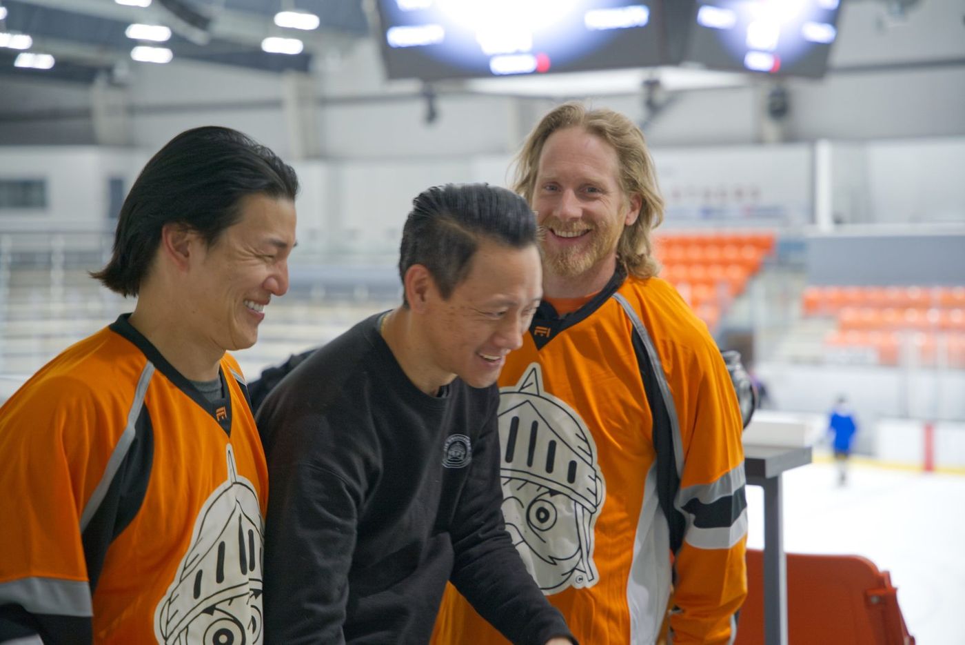 Owlverick's team laughing on set at the arena