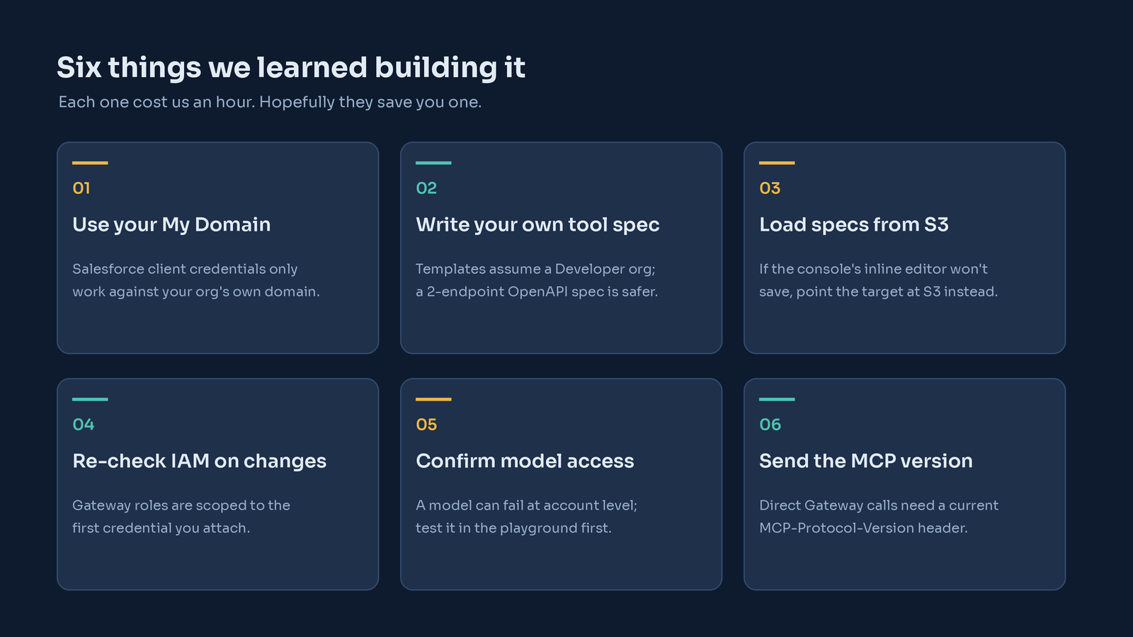 Six lessons learned: use your Salesforce My Domain, write your own tool spec, load specs from S3, re-check IAM when credentials change, confirm model access, and send the MCP protocol version header