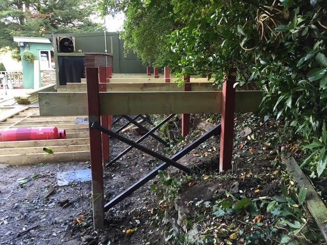 Steelwork carrying the raised deck on the slope
