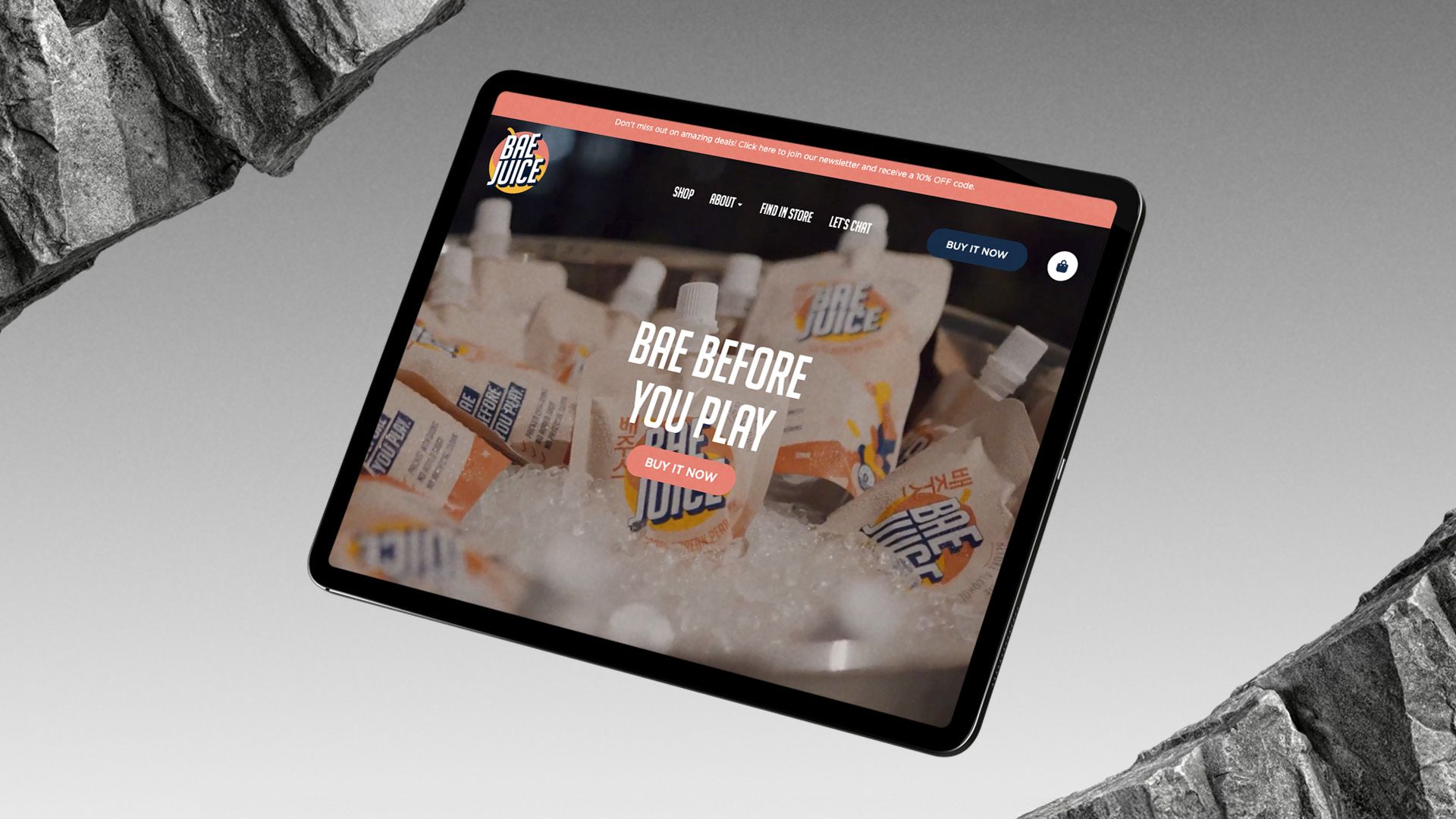 Bae Juice website displayed on an iPad screen