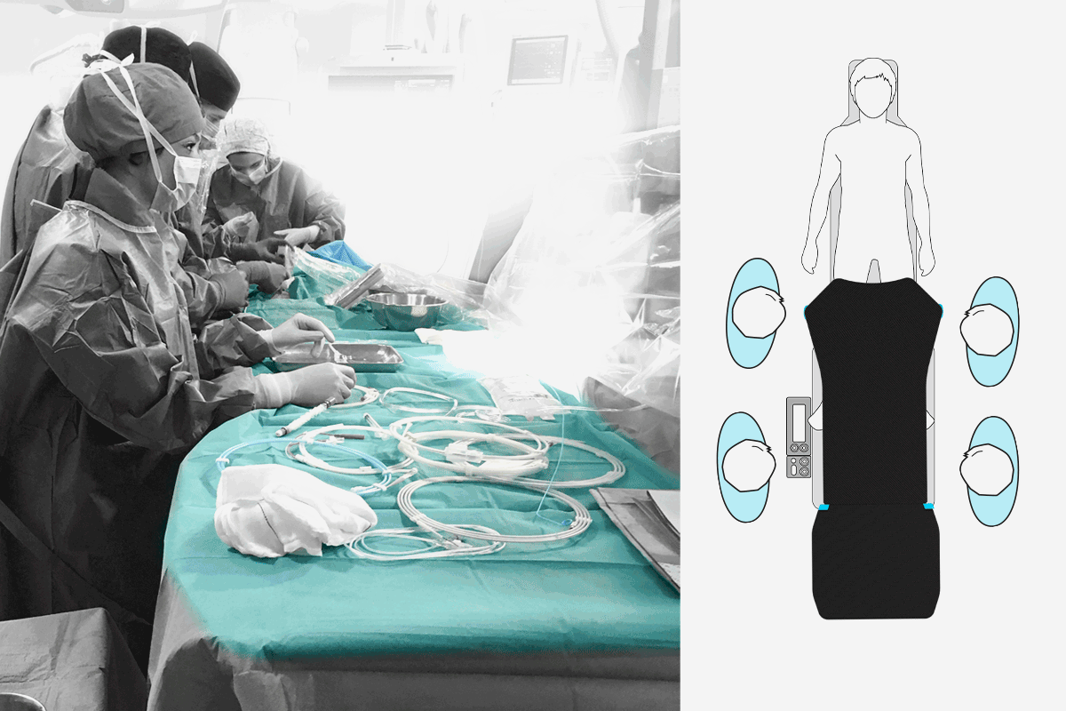 A person wearing a surgical mask and a bright blue medical head device, shown in color against a grayscale hospital background.