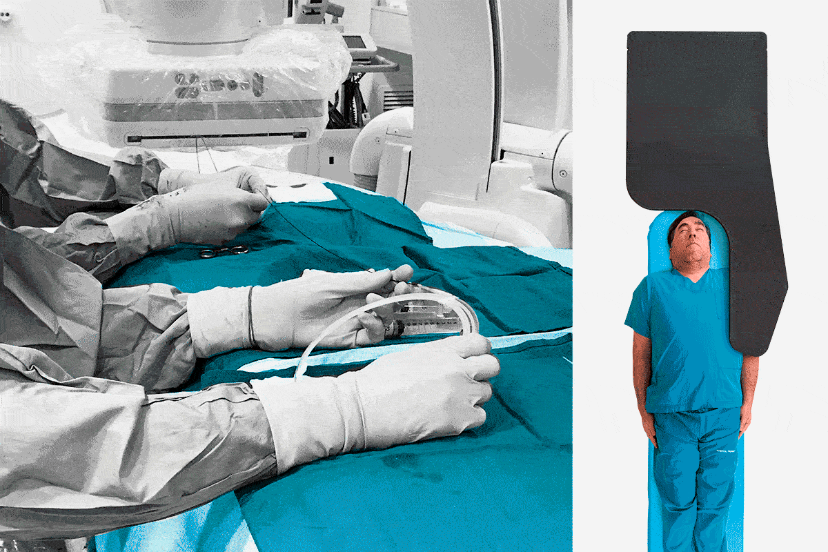 A split image shows gloved hands performing a medical procedure on the left, and a doctor protected by a lead radiation shield on the right.