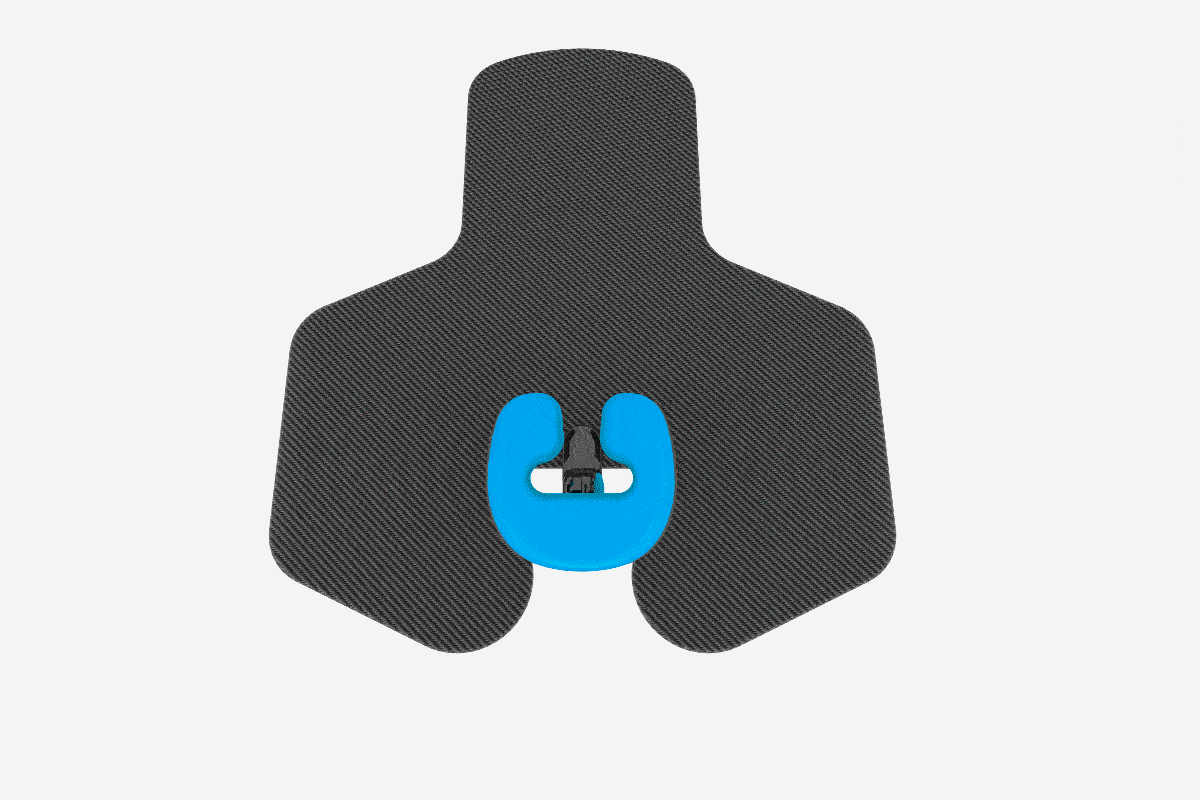 Dark grey, textured, torso-shaped pad with a bright blue U-shaped clip.