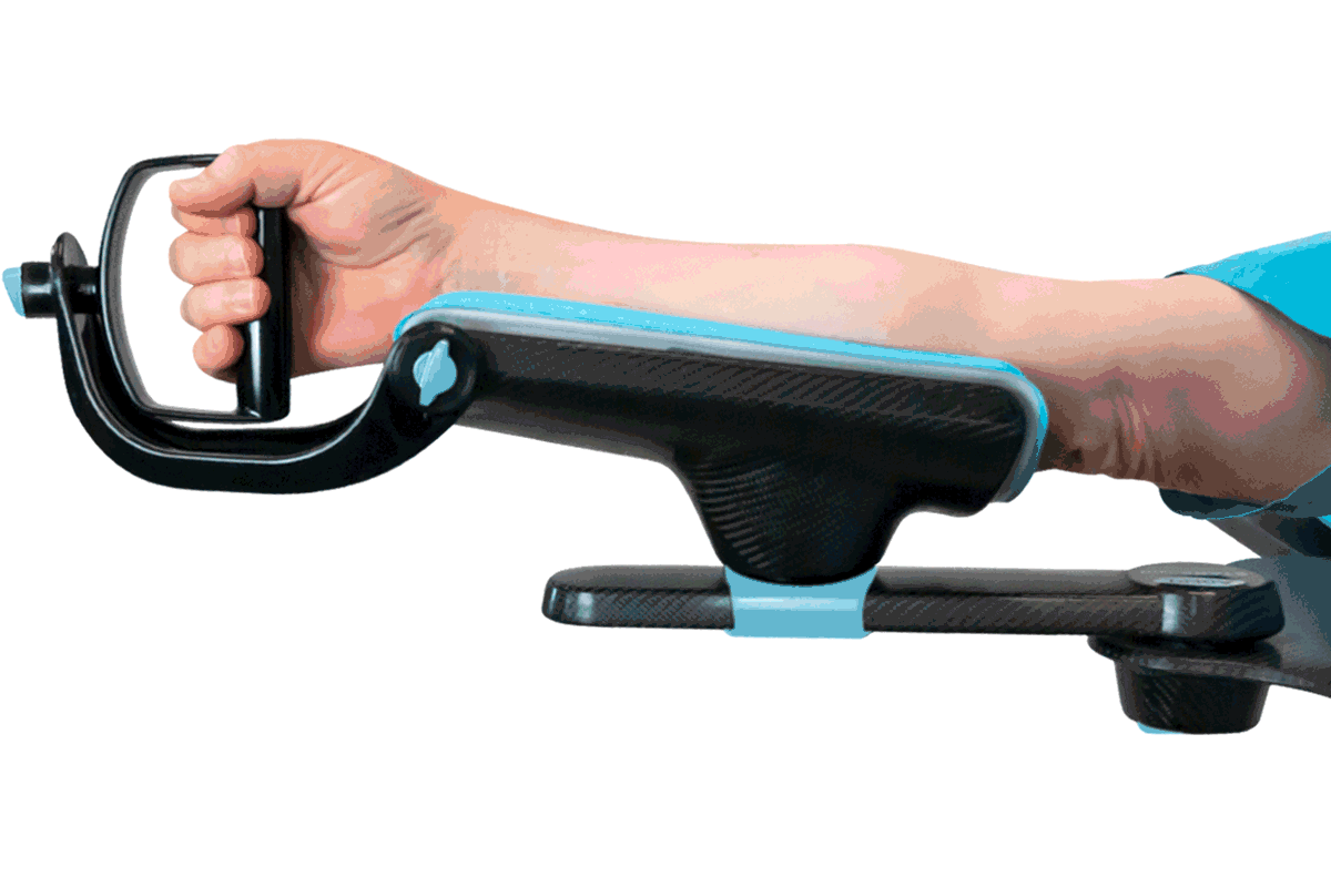 An arm gripping a handle while resting in a black and blue arm support.
