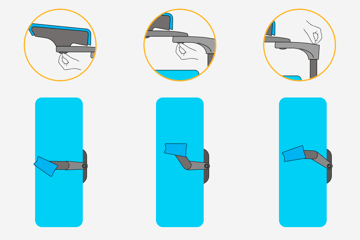 Diagram showing an adjustable arm with a blue pad moving through three positions: angled up, horizontal, and angled down.