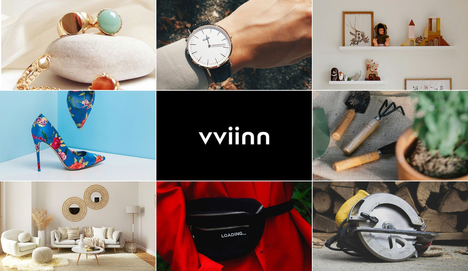 A collage of product: furniture, shoes, jewellery, watches, gardening tools, interior, professional building tool