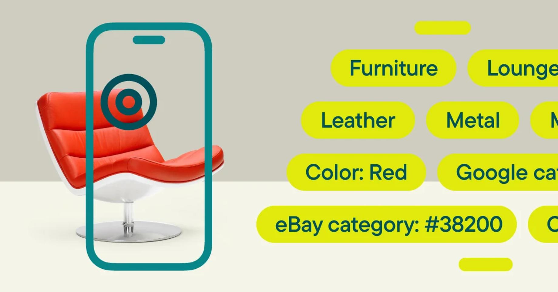 A red modern armchair next to a tag cloud precising its product data set