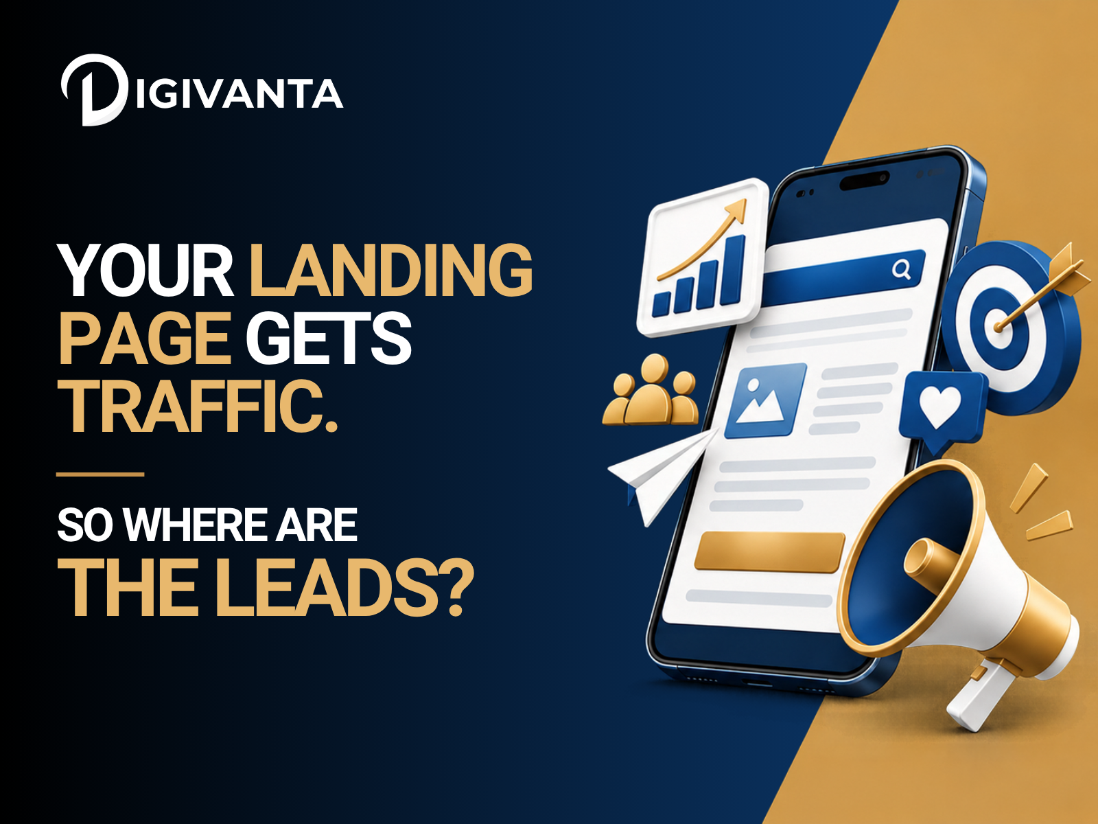 Landing page getting traffic but no leads  digital marketing concept with website, analytics, target, and lead generation icons.