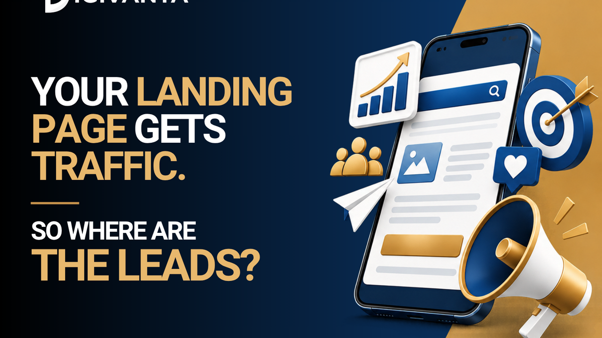 Landing page getting traffic but no leads digital marketing concept with website, analytics, target, and lead generation icons.