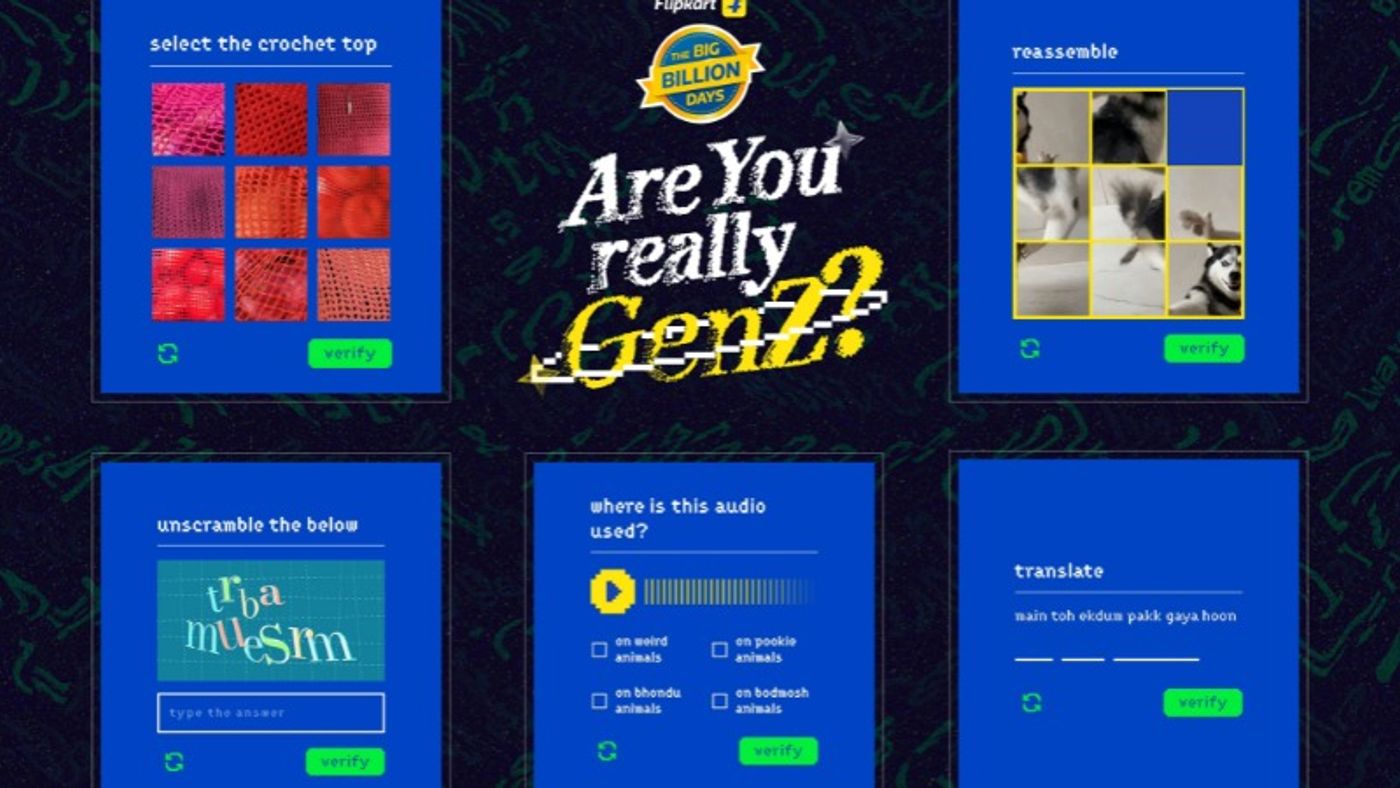 Flipkart “Are You Really Gen Z?” campaign featuring interactive CAPTCHA-style challenges based on Gen Z culture, fashion, language and internet behaviour.
