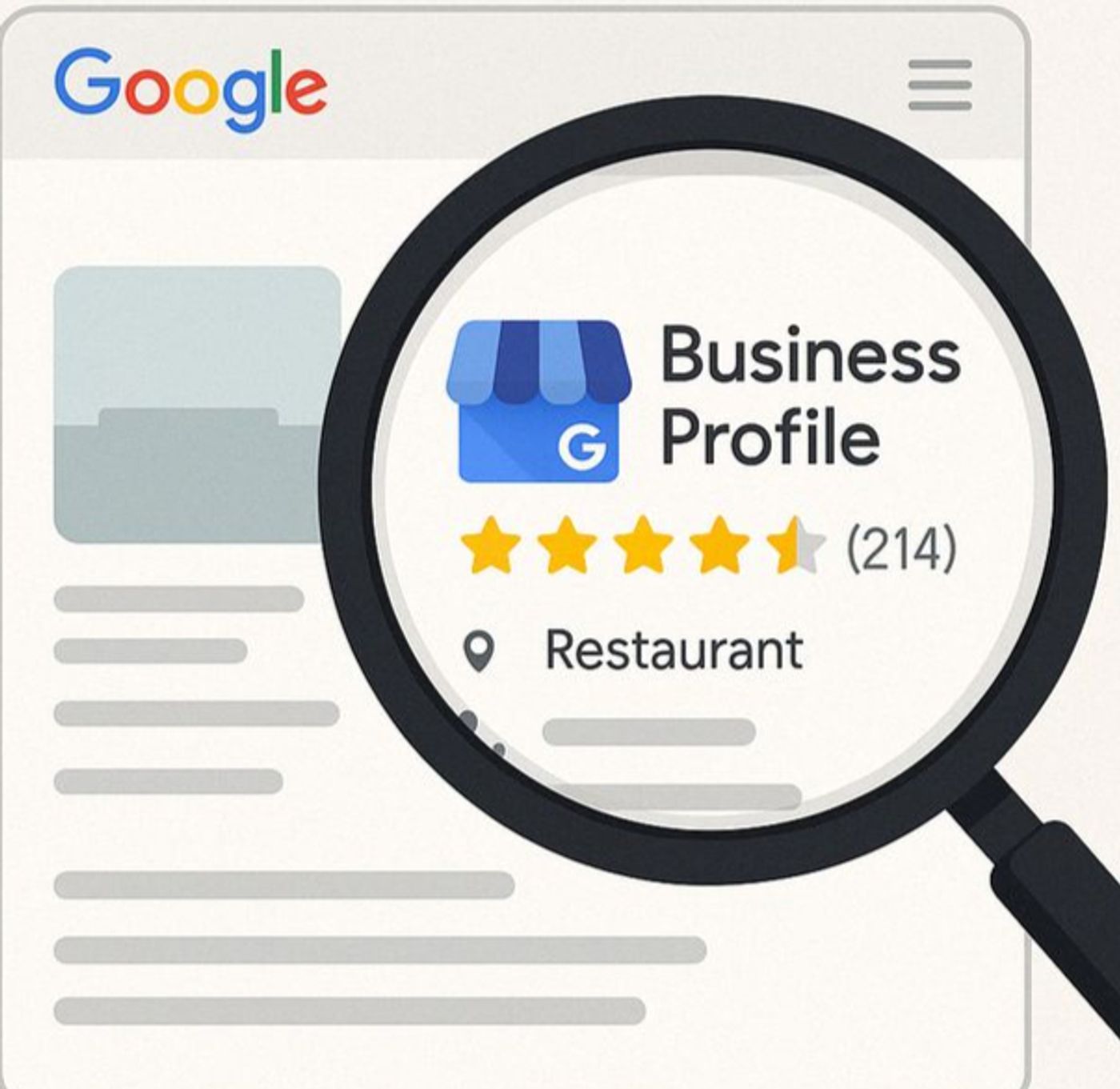 Google Business Profile shown under a magnifying glass, highlighting local business visibility, reviews, and Google Maps presence.