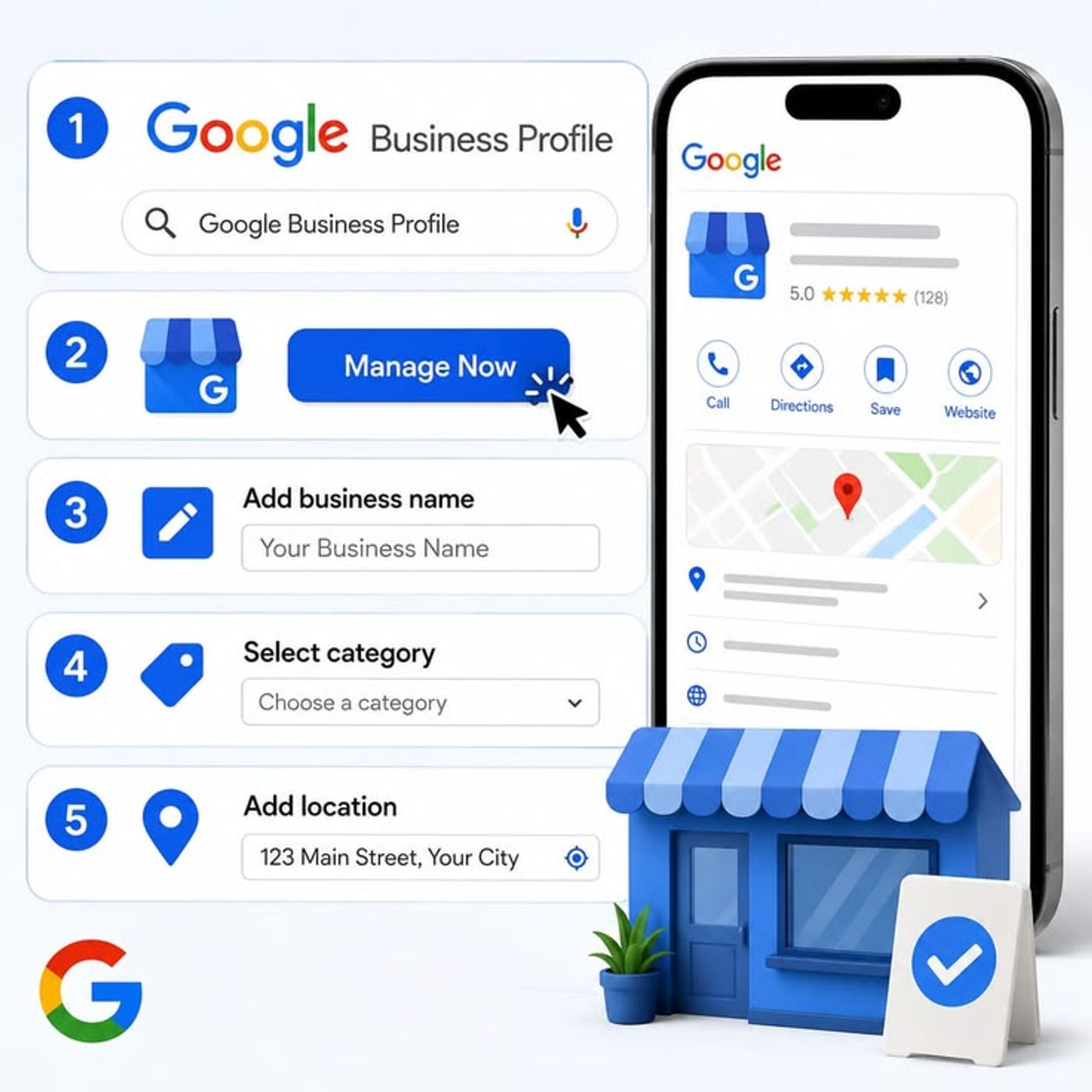 Google Business Profile setup steps showing business name, category, location, and a verified business listing on mobile.