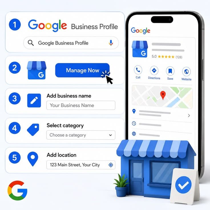 Google Business Profile setup steps showing business name, category, location, and a verified business listing on mobile.