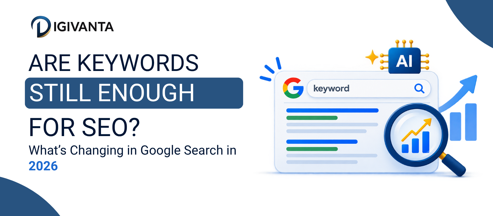 SEO keywords and Google Search 2026 banner asking whether keywords are still enough for SEO, with a Google search interface graphic.