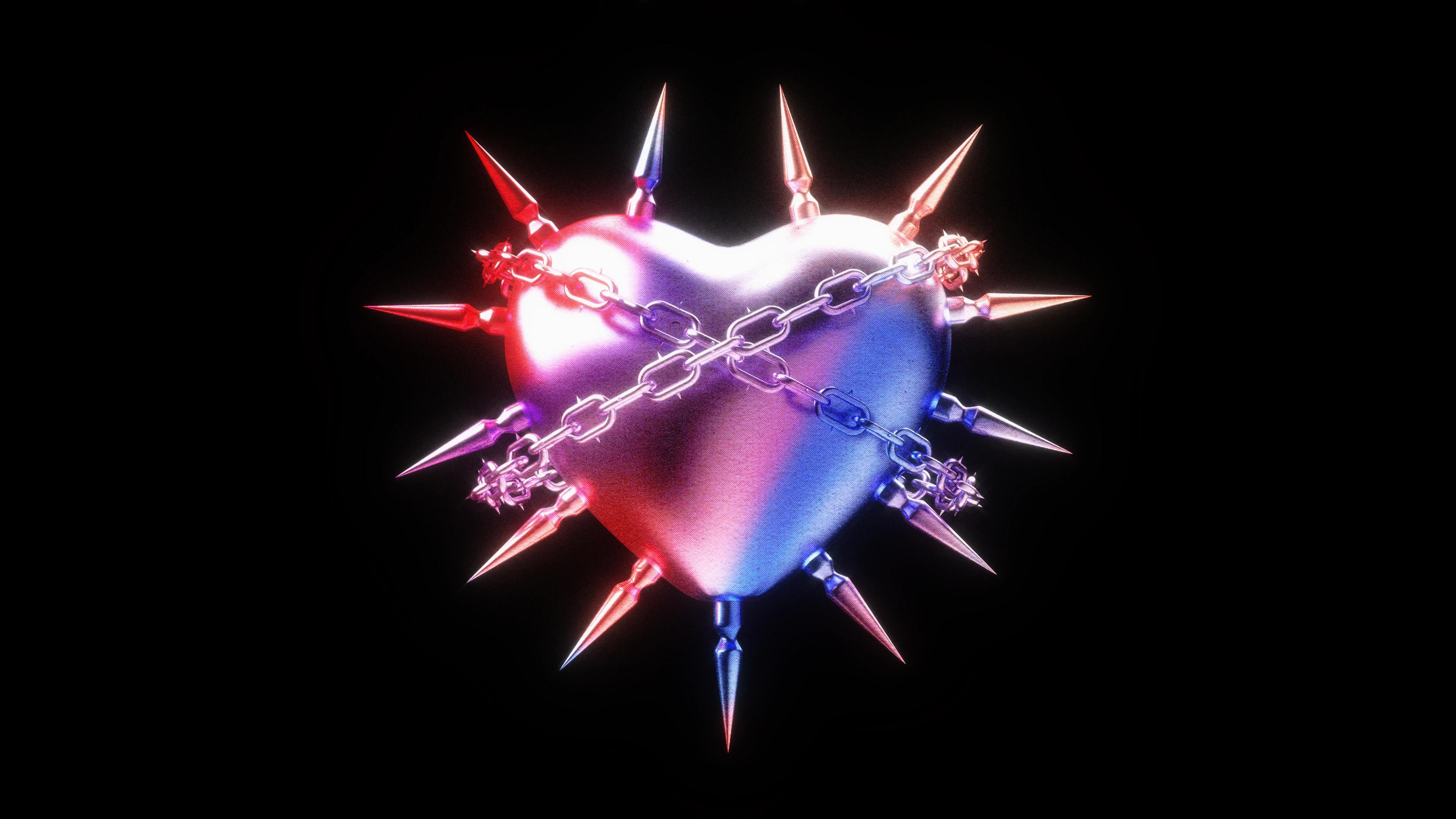 Metallic shiny heart wrapped in a chain and with spikes on its edge