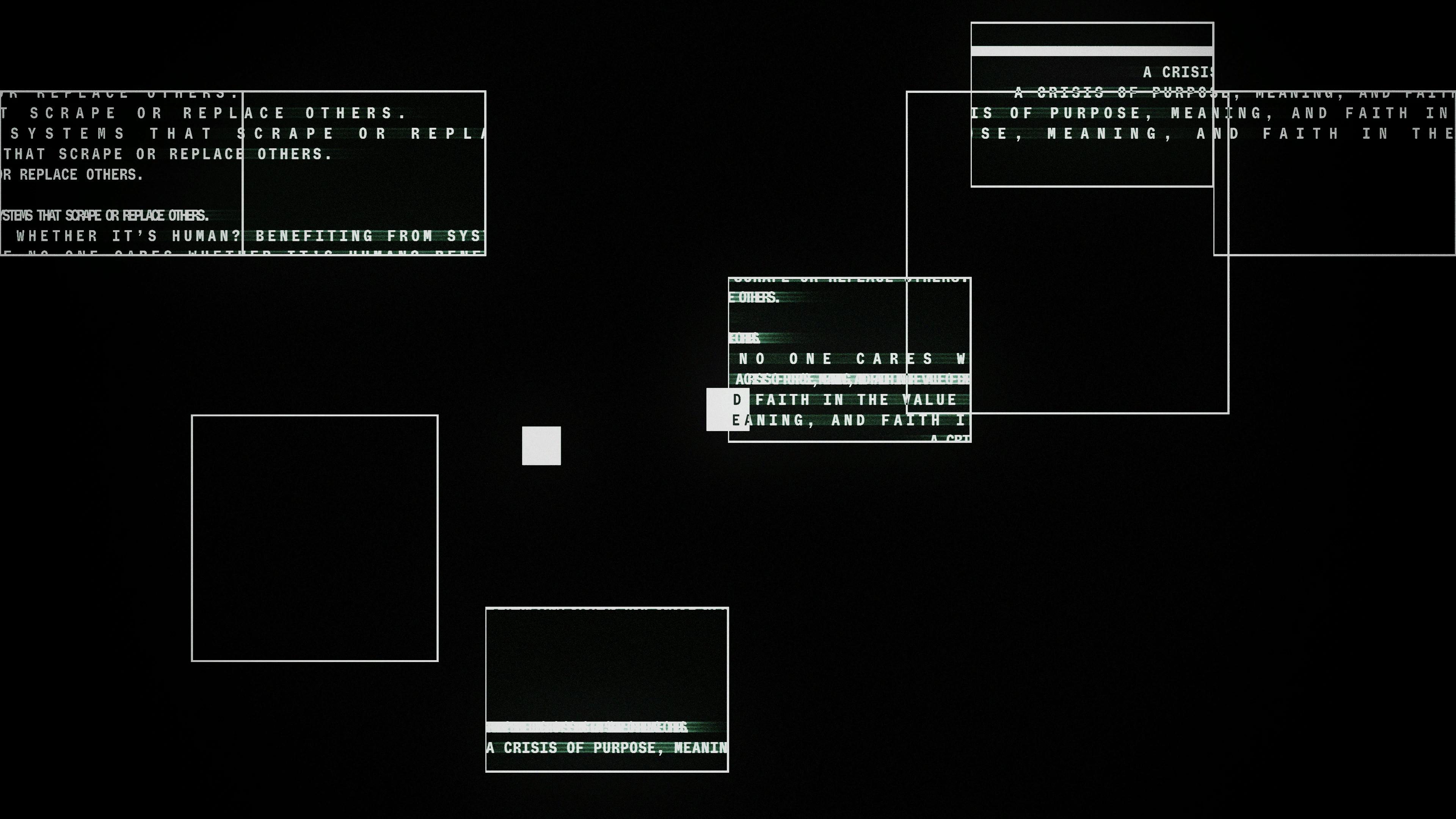 White squares with some glitchy text in them over a black background