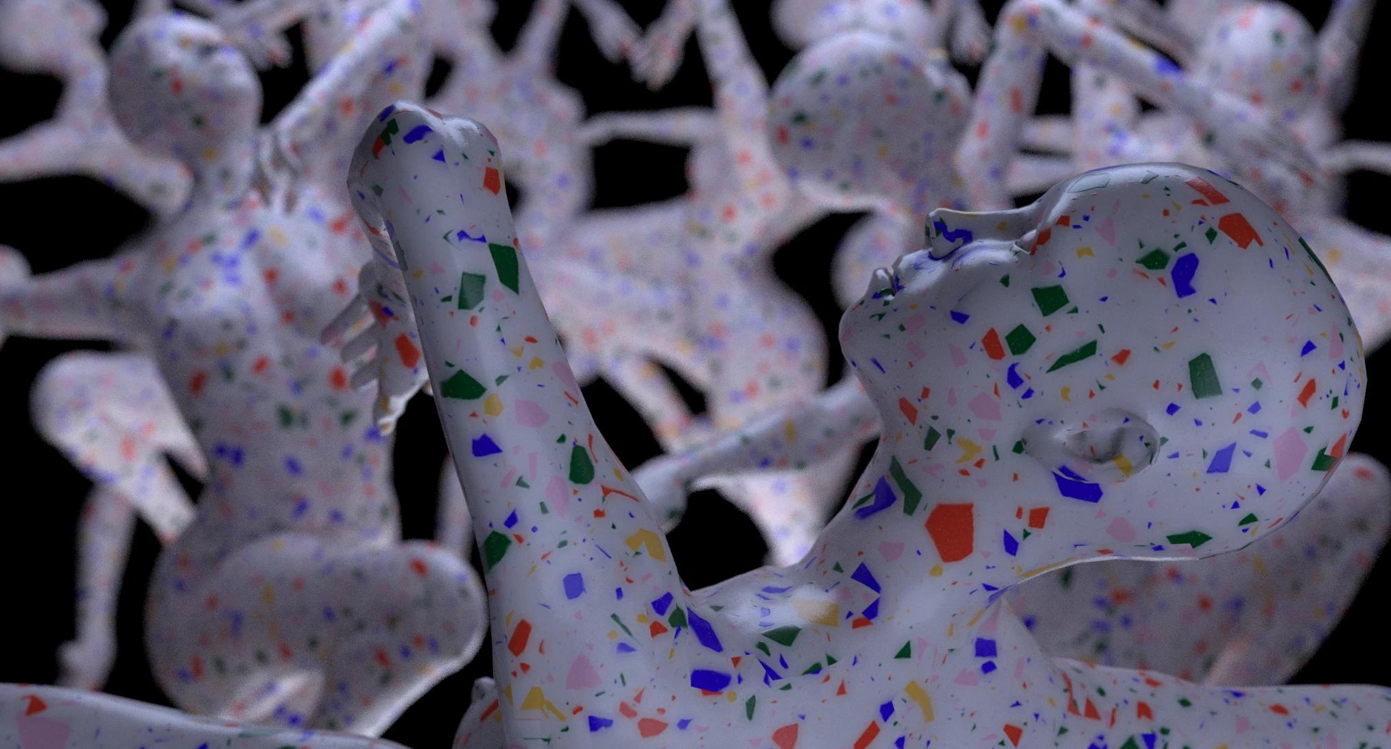 Close-up of dancing mannequins with colourful paint splatters all over them