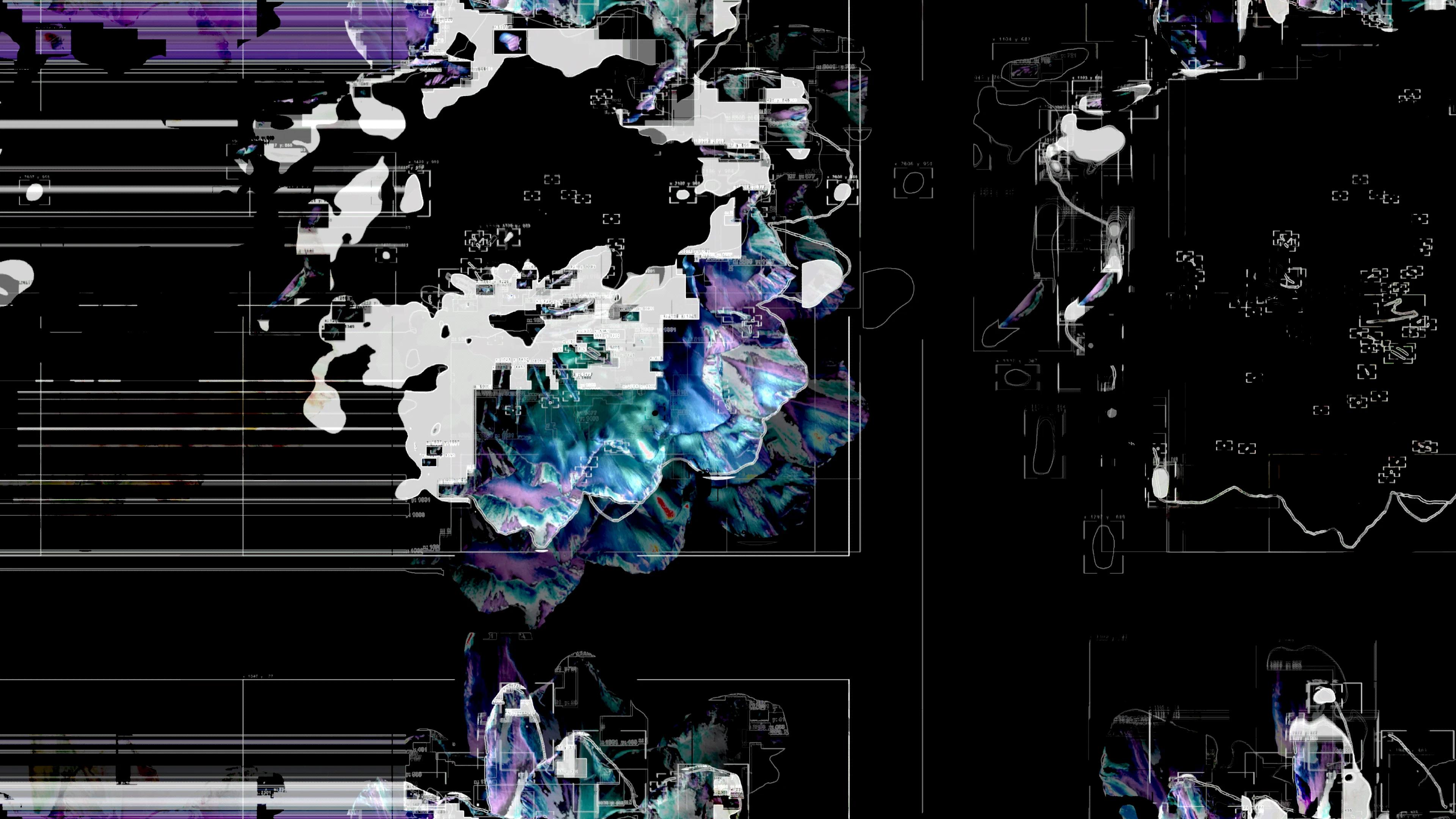 Outlines of surreal flowers and layers of white lines