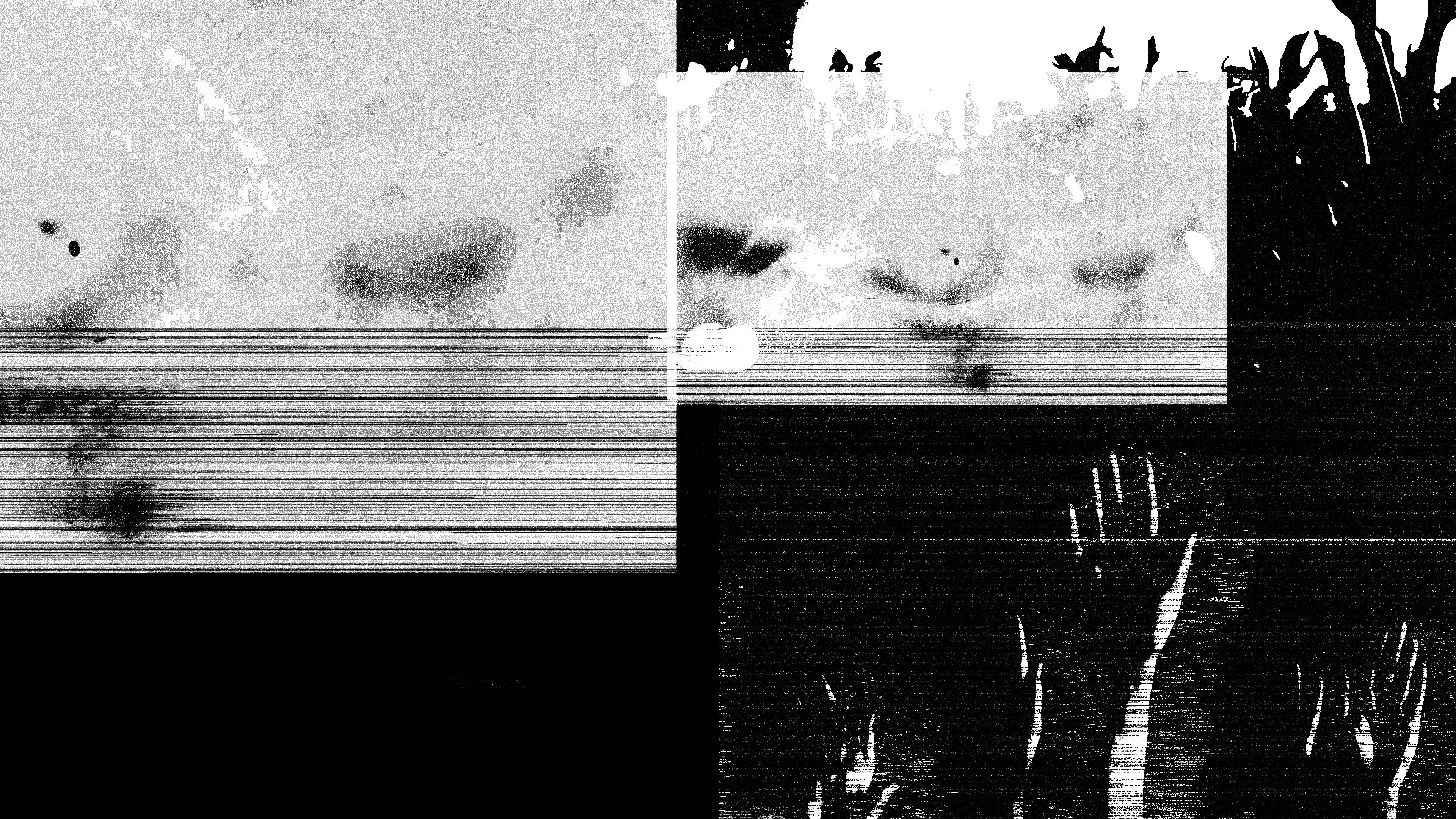 Black and white textures in rectangle shapes with hands reaching up at the bottom