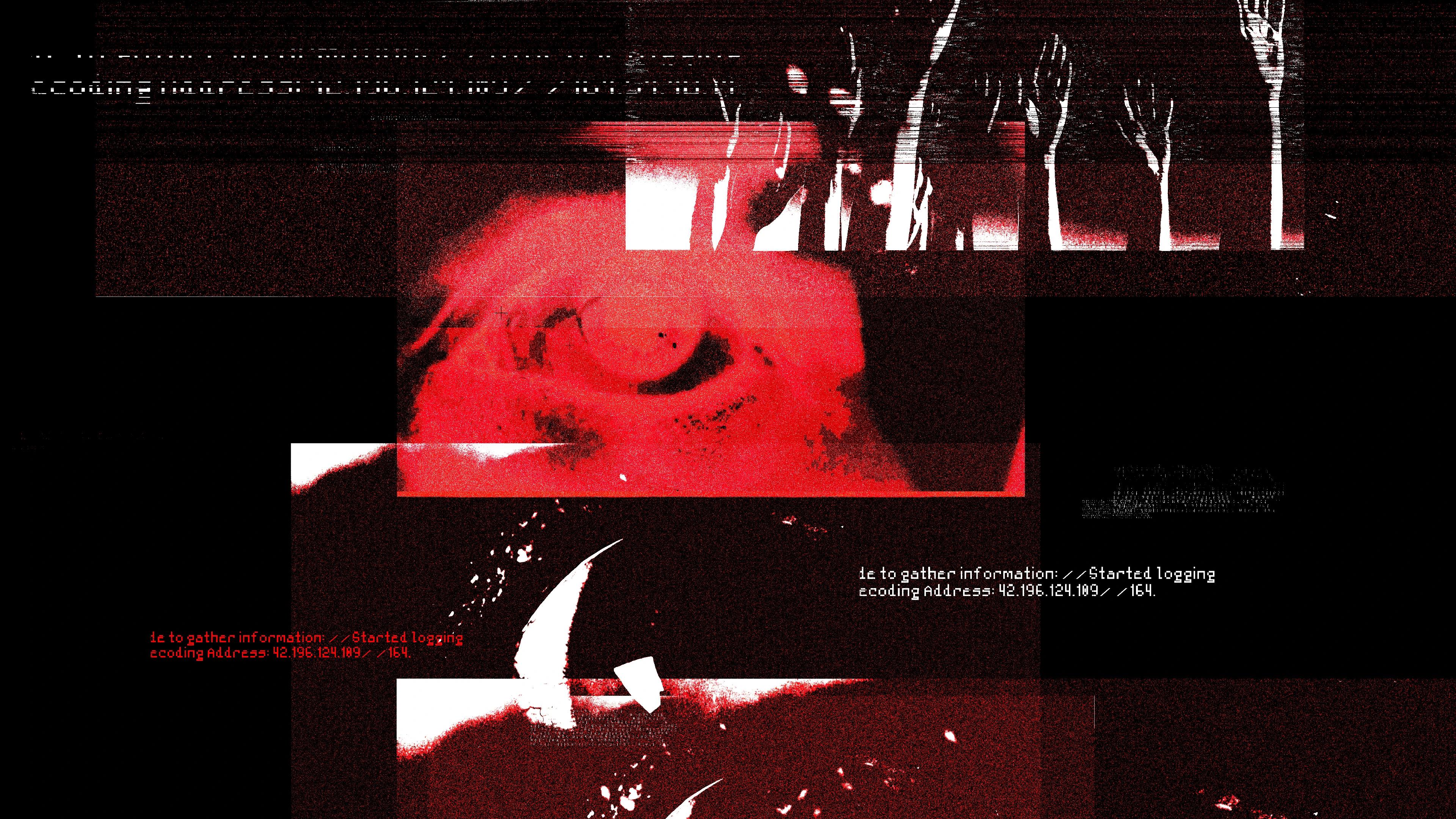 Rectangles with hands and eyes layered over each other with code text spread throughout
