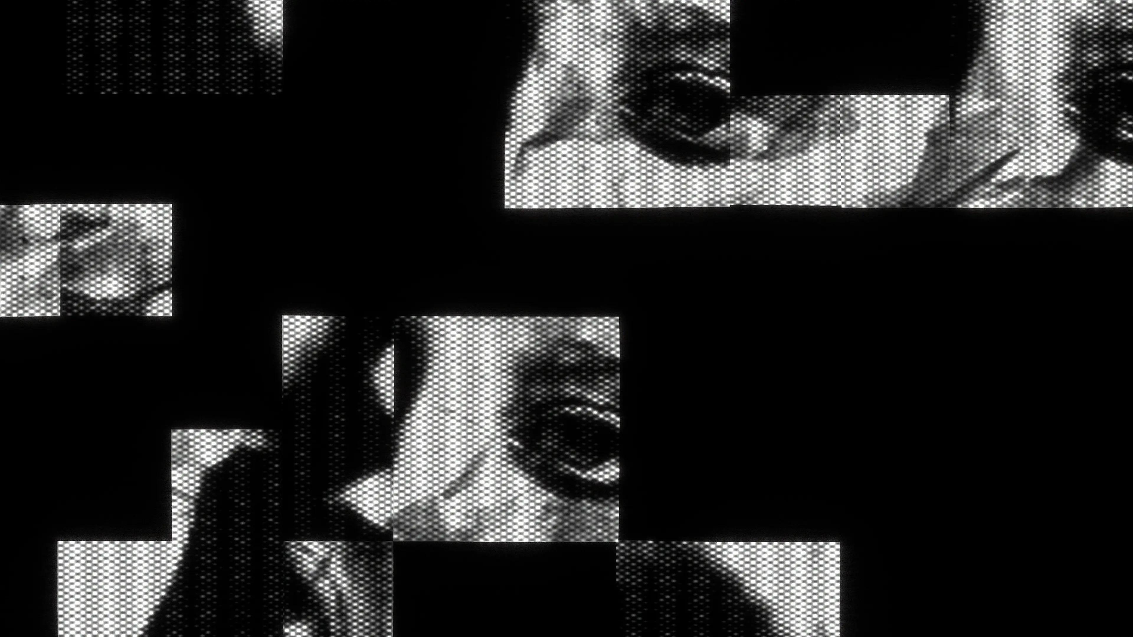 Black and white squares with eyes inside and a print-like texture