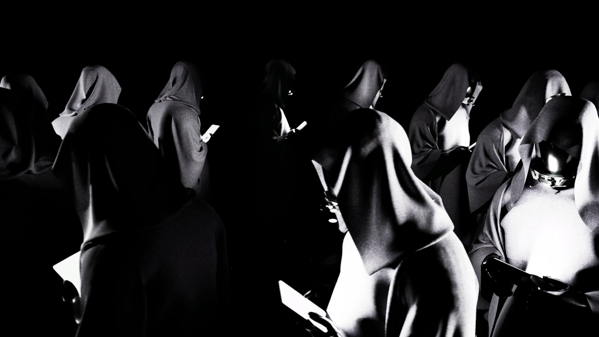Hooded and cloaked figures looking at phones in hands