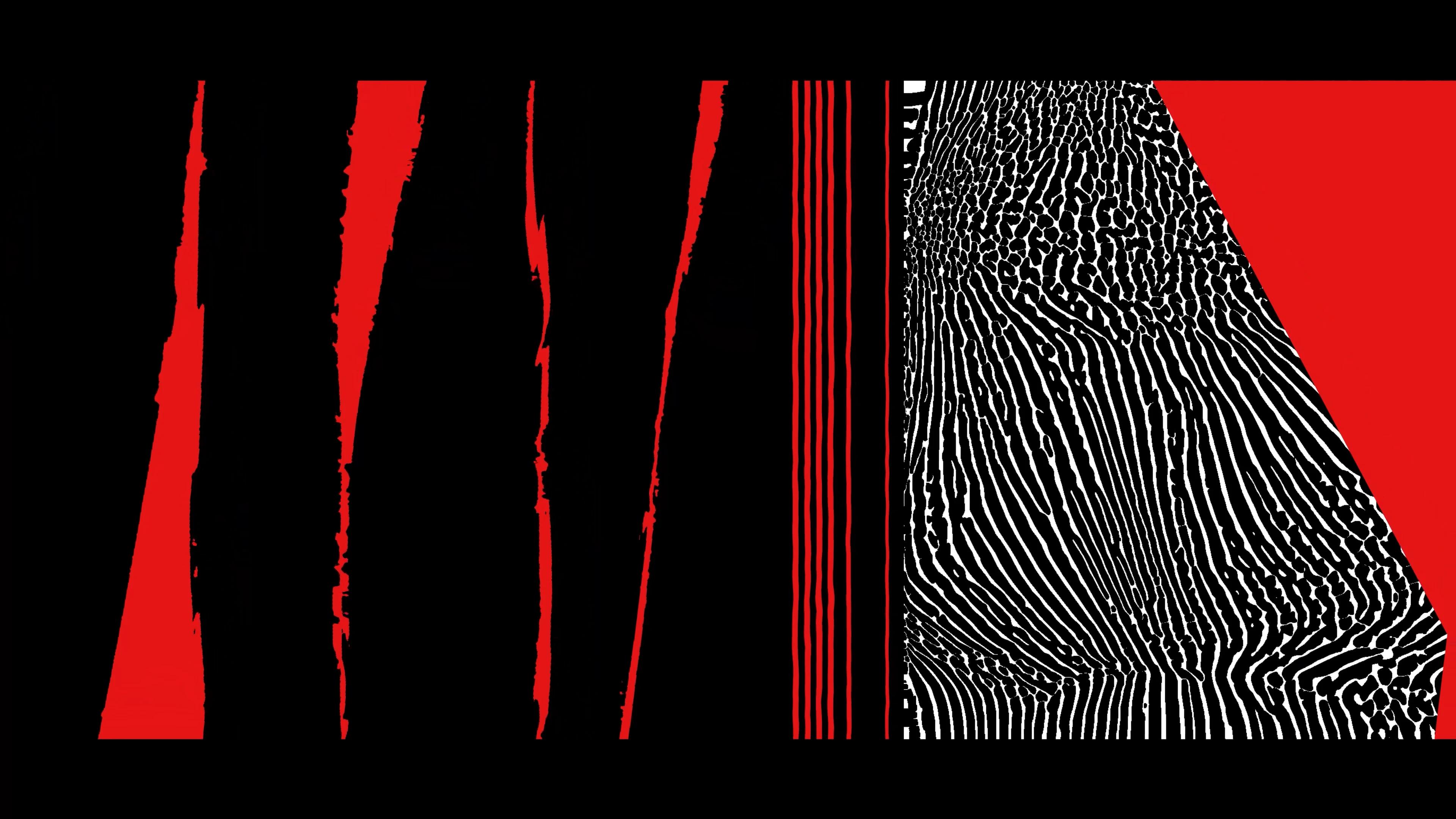 Red, black and white patterns layered over each other