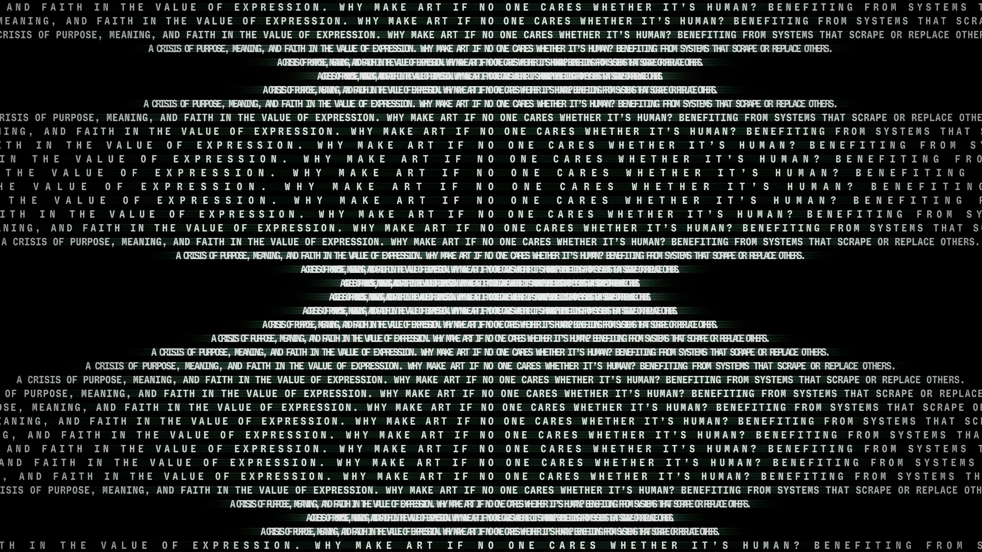 White text about the crisis of human creativity vs AI in a stretched effect