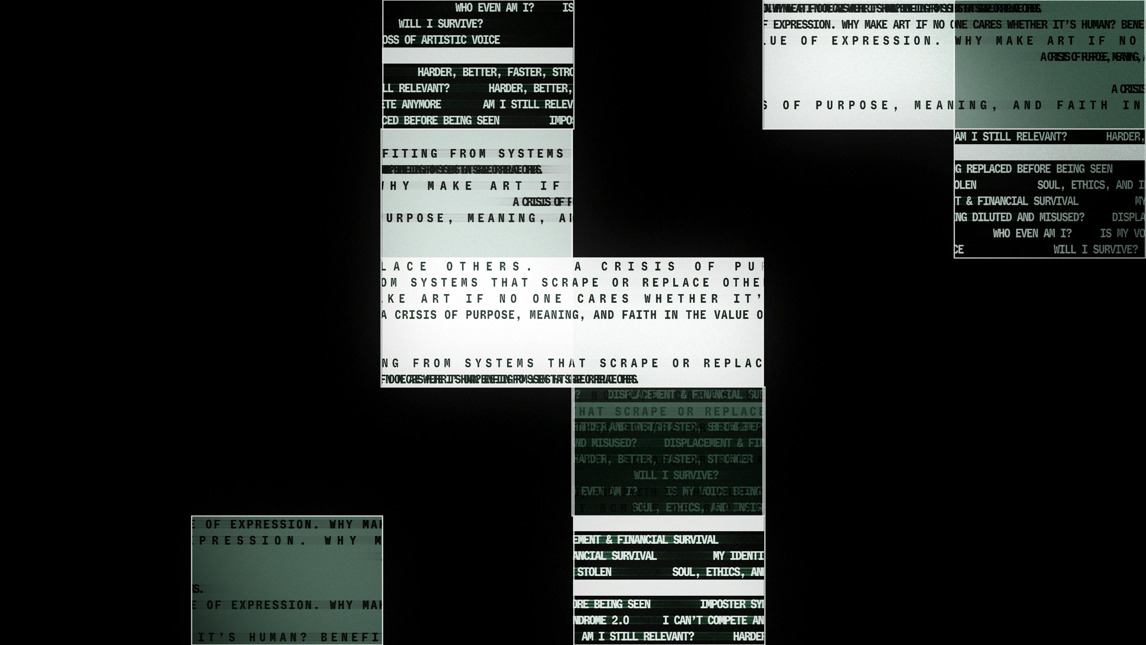 Glitchy text inside different rectangles against a black background