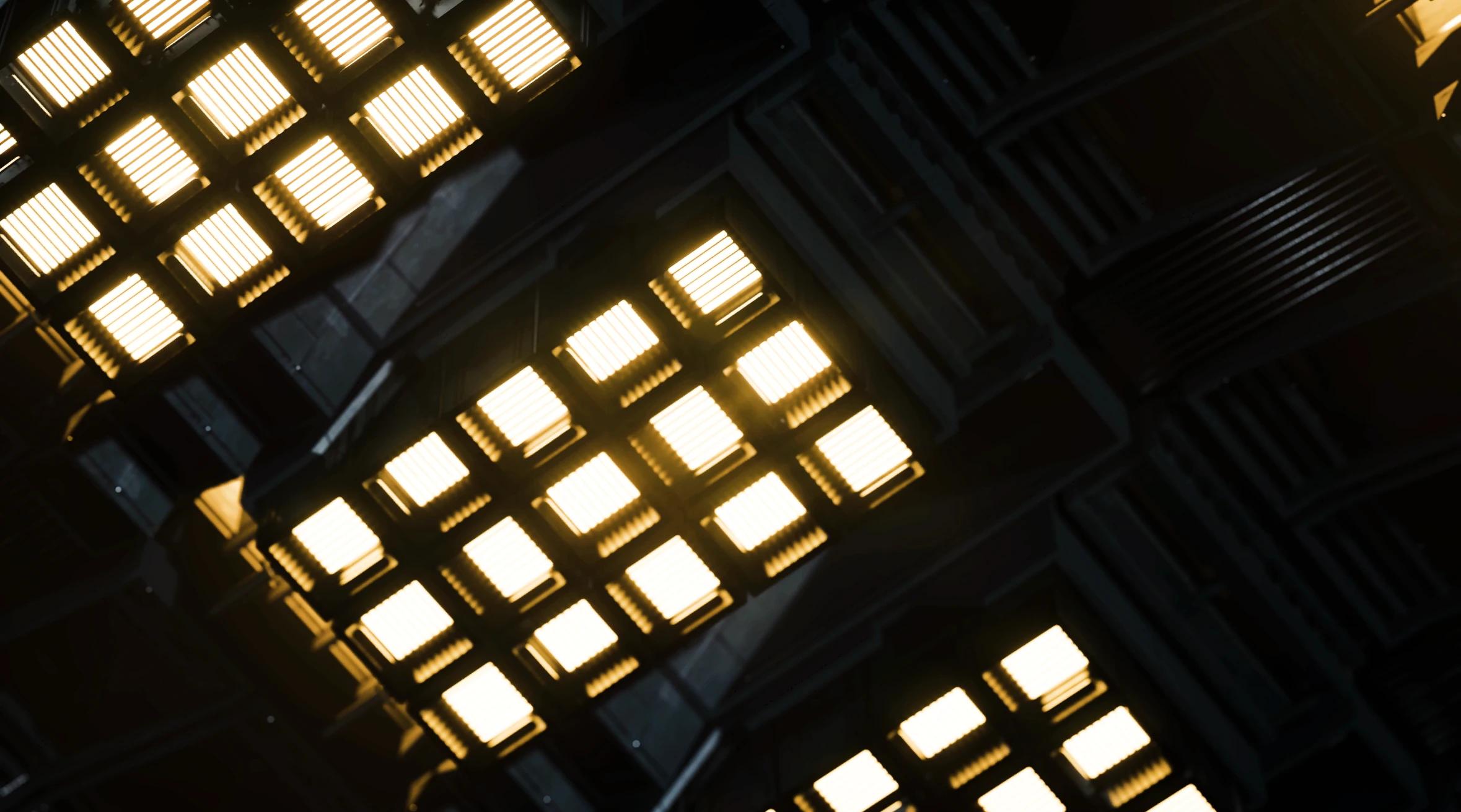 Small yellow lights gridded in a dark panel