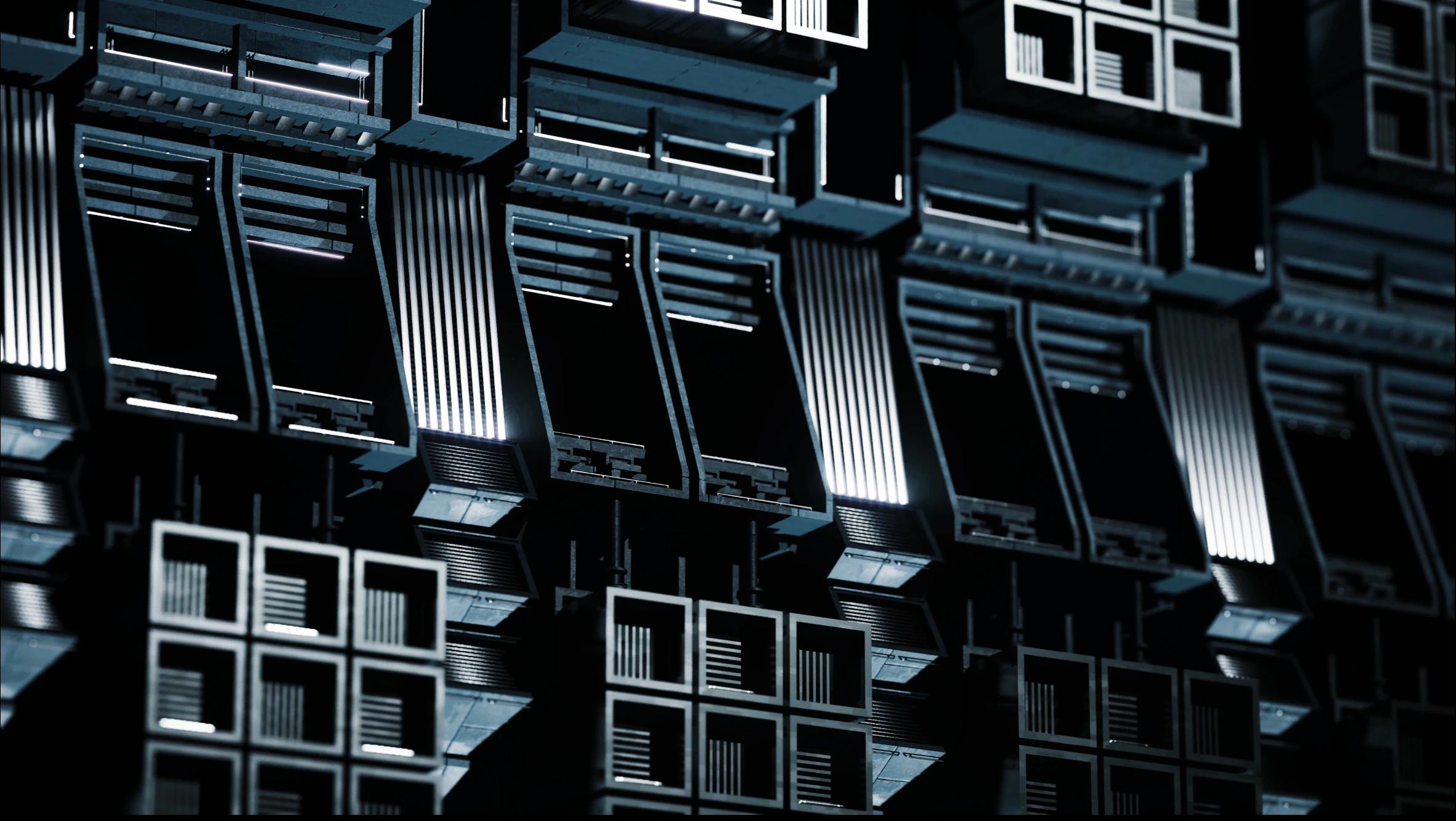 Dark blue architectural scene with concrete and reflective textures