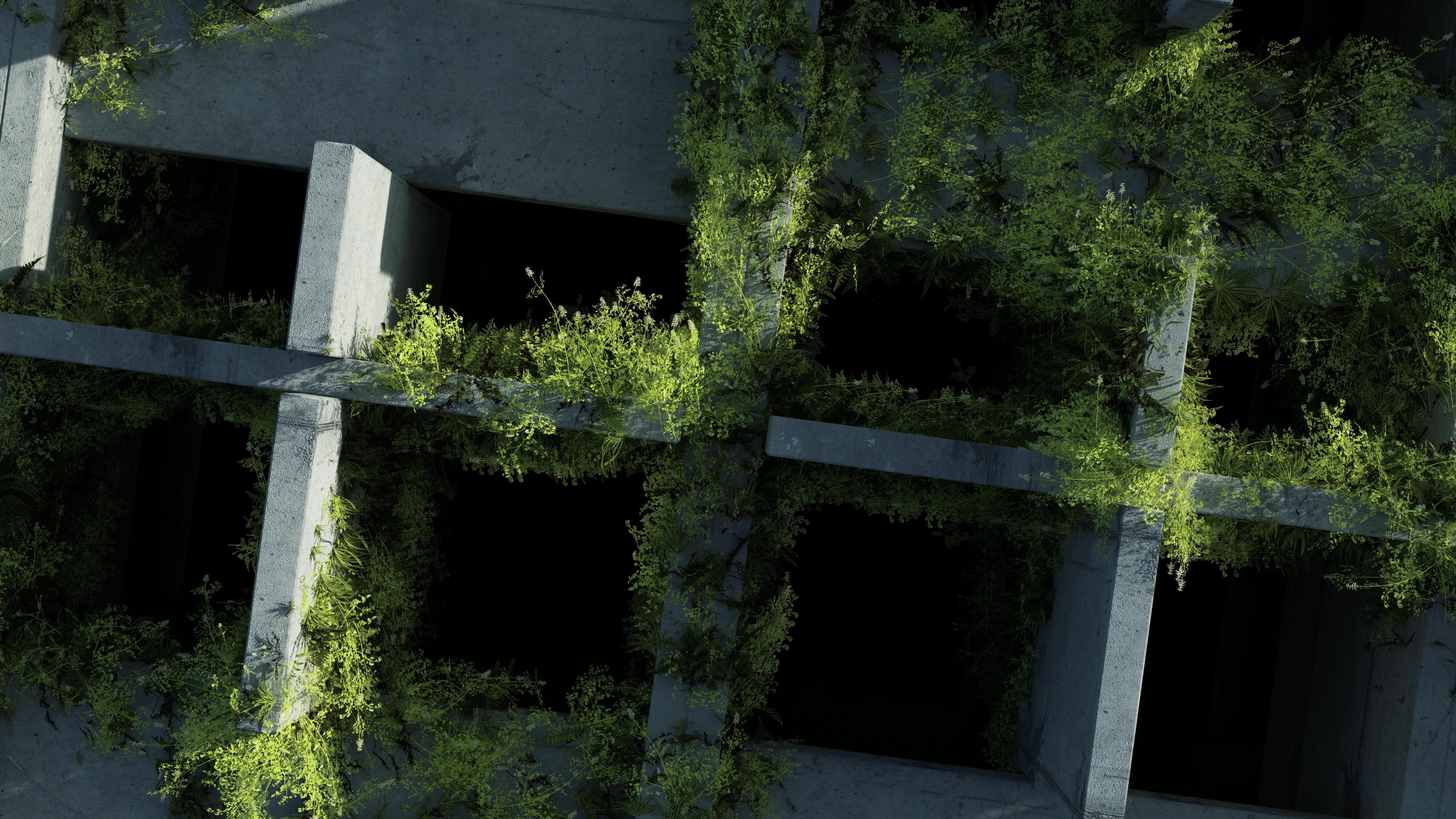 Green foliage growing over gridded concrete walls