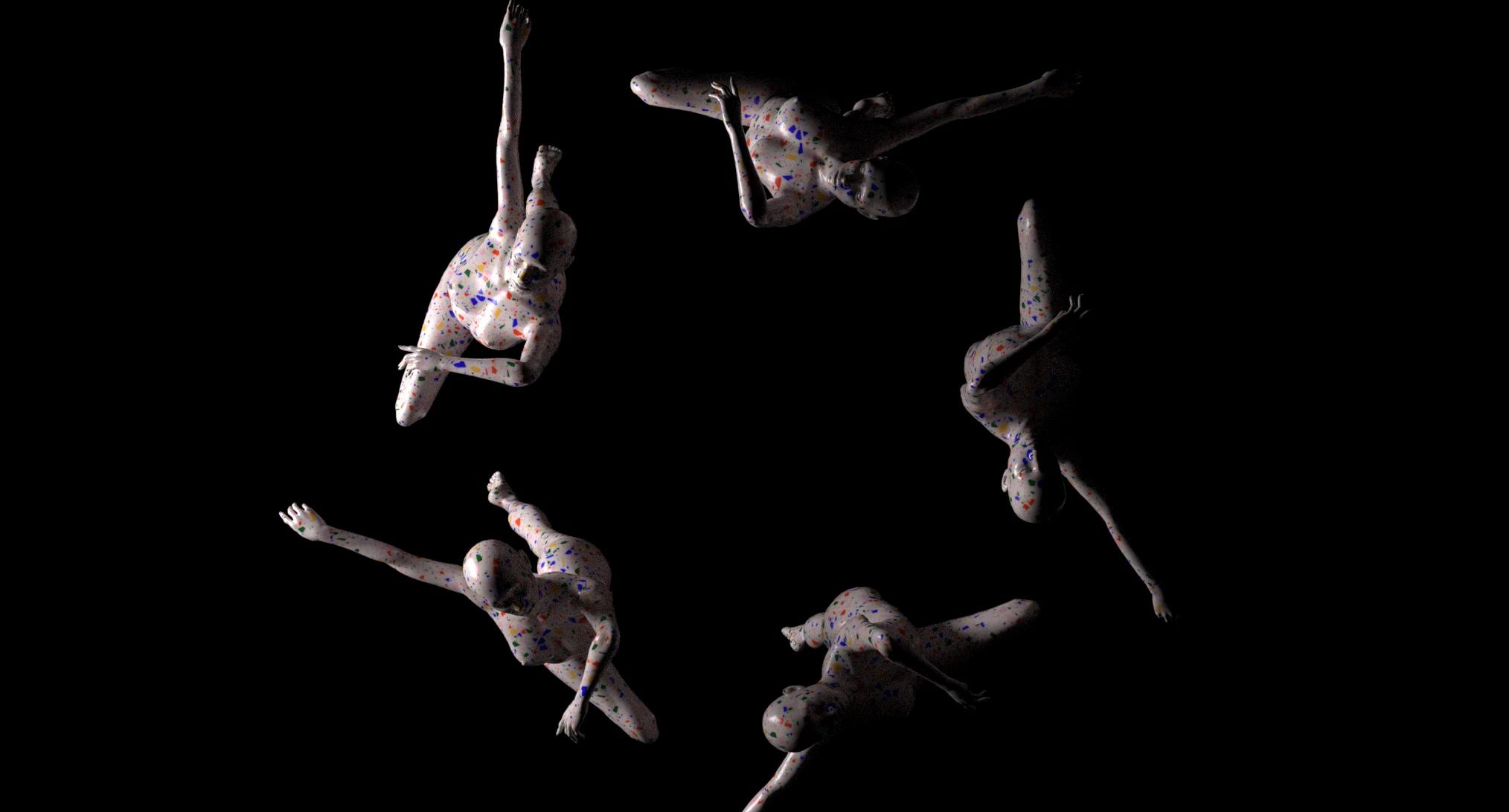 Overhead shot of white mannequins dancing in a circle