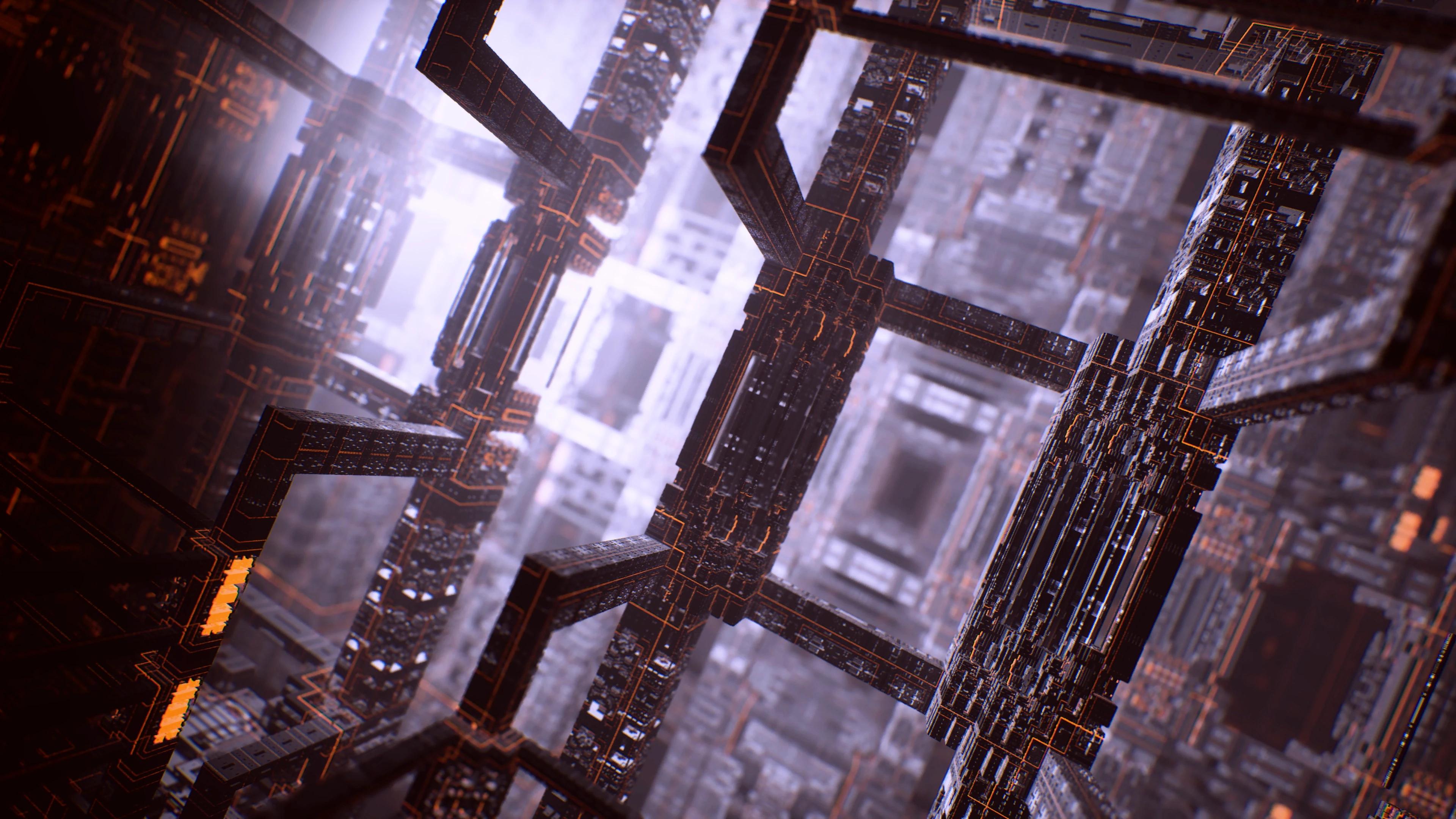3D light purple structure made up of microchips and red lights