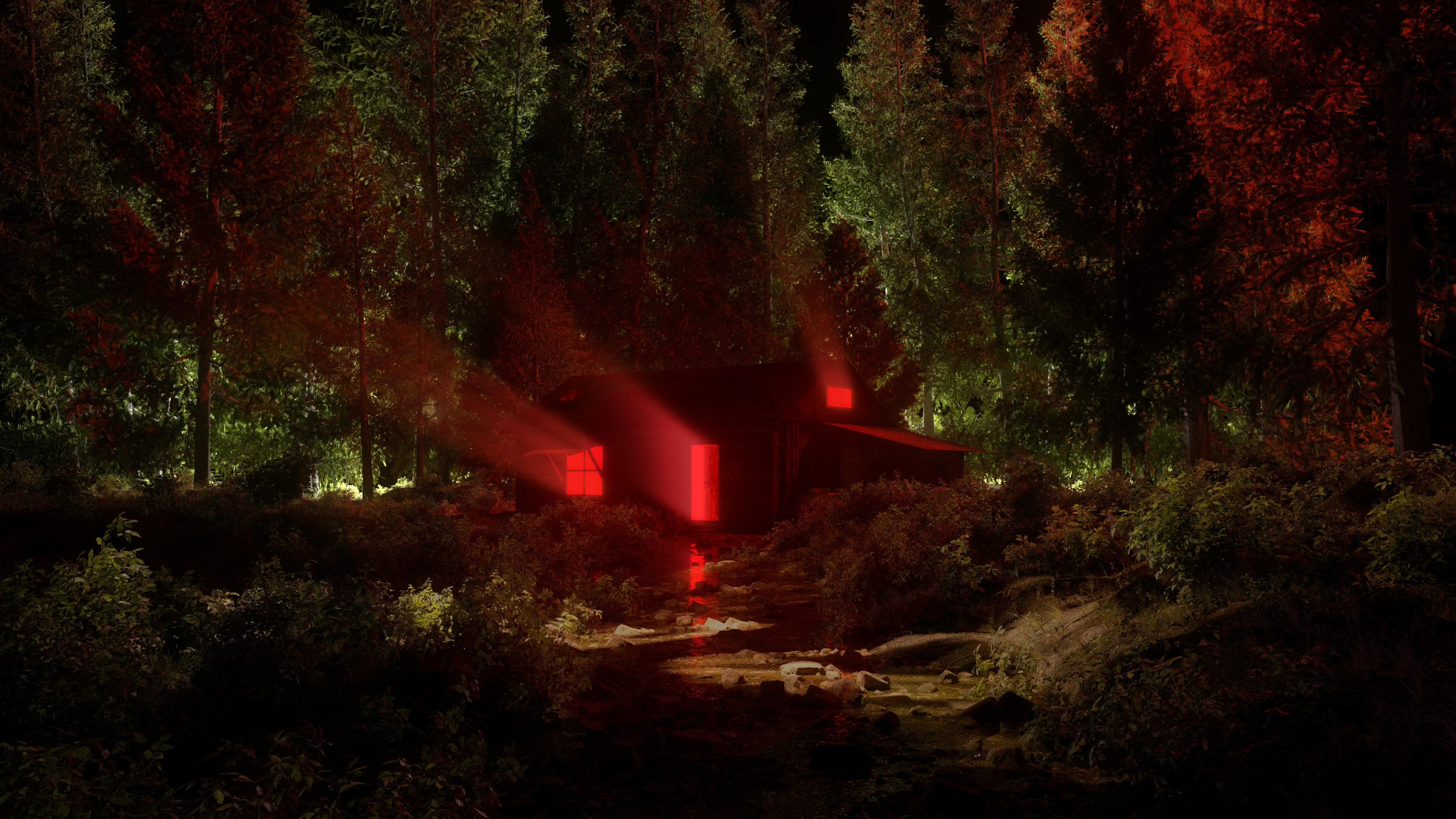 Wooden hut in the middle of a spooky woodland scene.