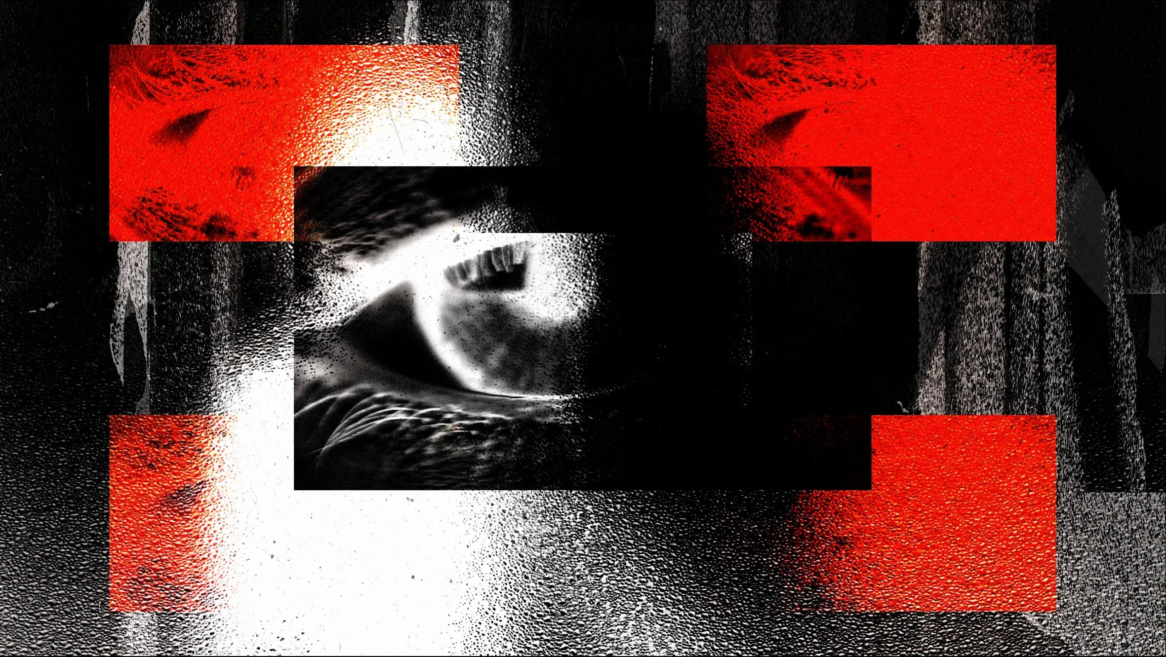 Monochrome eye in a rectangle masked over a grainy background with red blocks