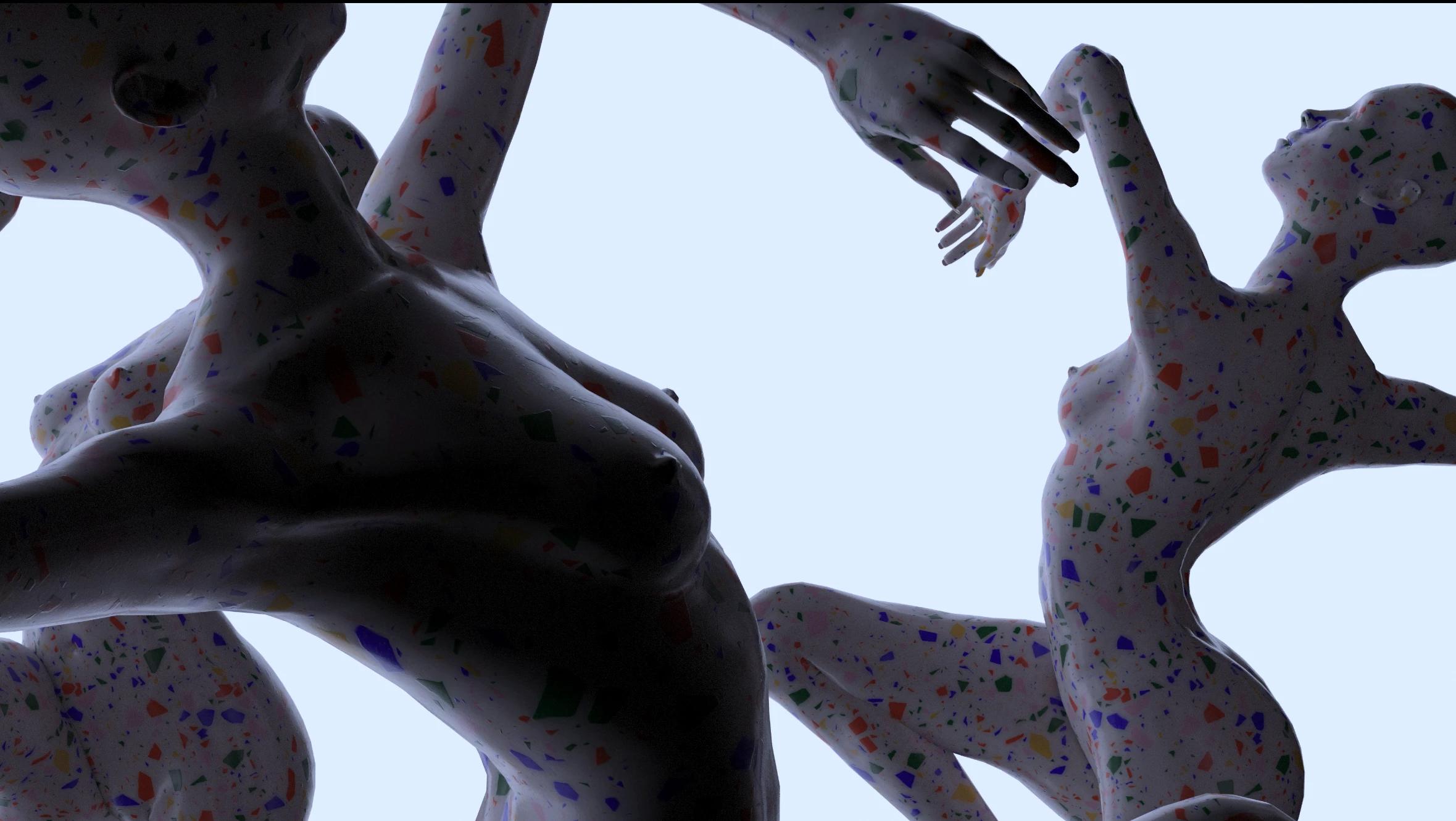 Dancing female mannequins with multi-coloured paint splatters all over their bodies
