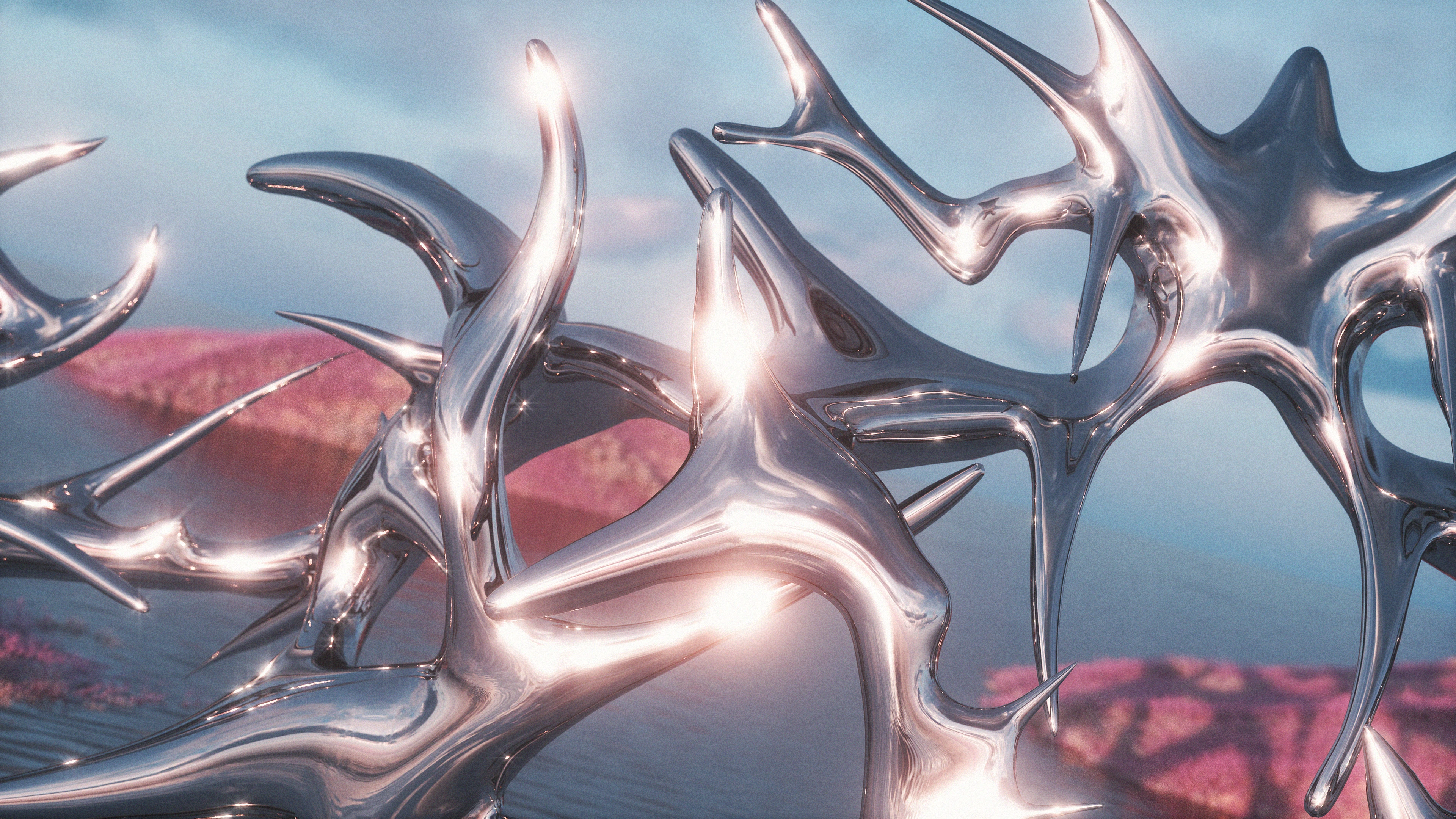 Shiny metallic form flying with a pink island and blue sea behind it