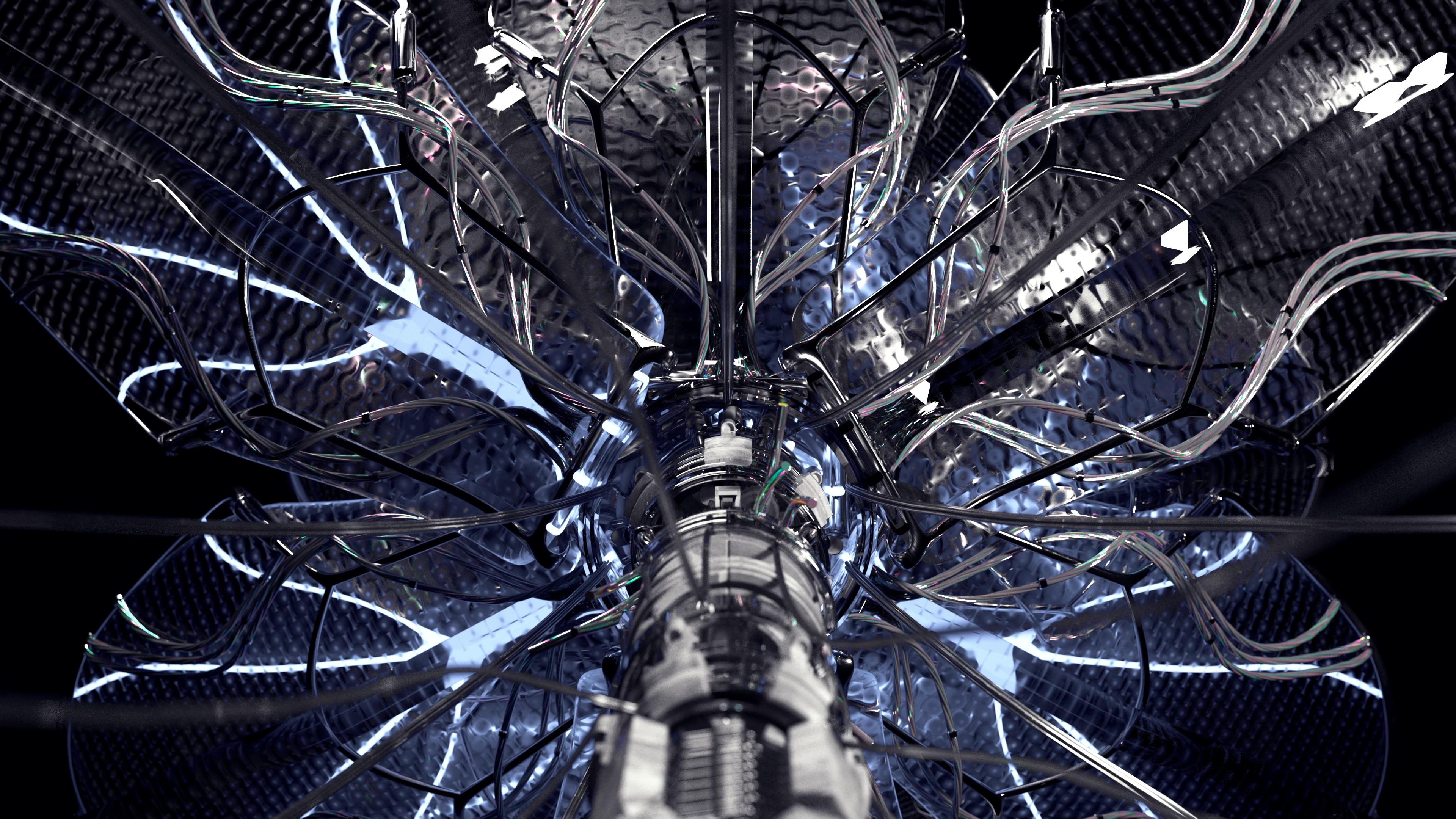 Metallic flower structure with neon lights and silver hardware